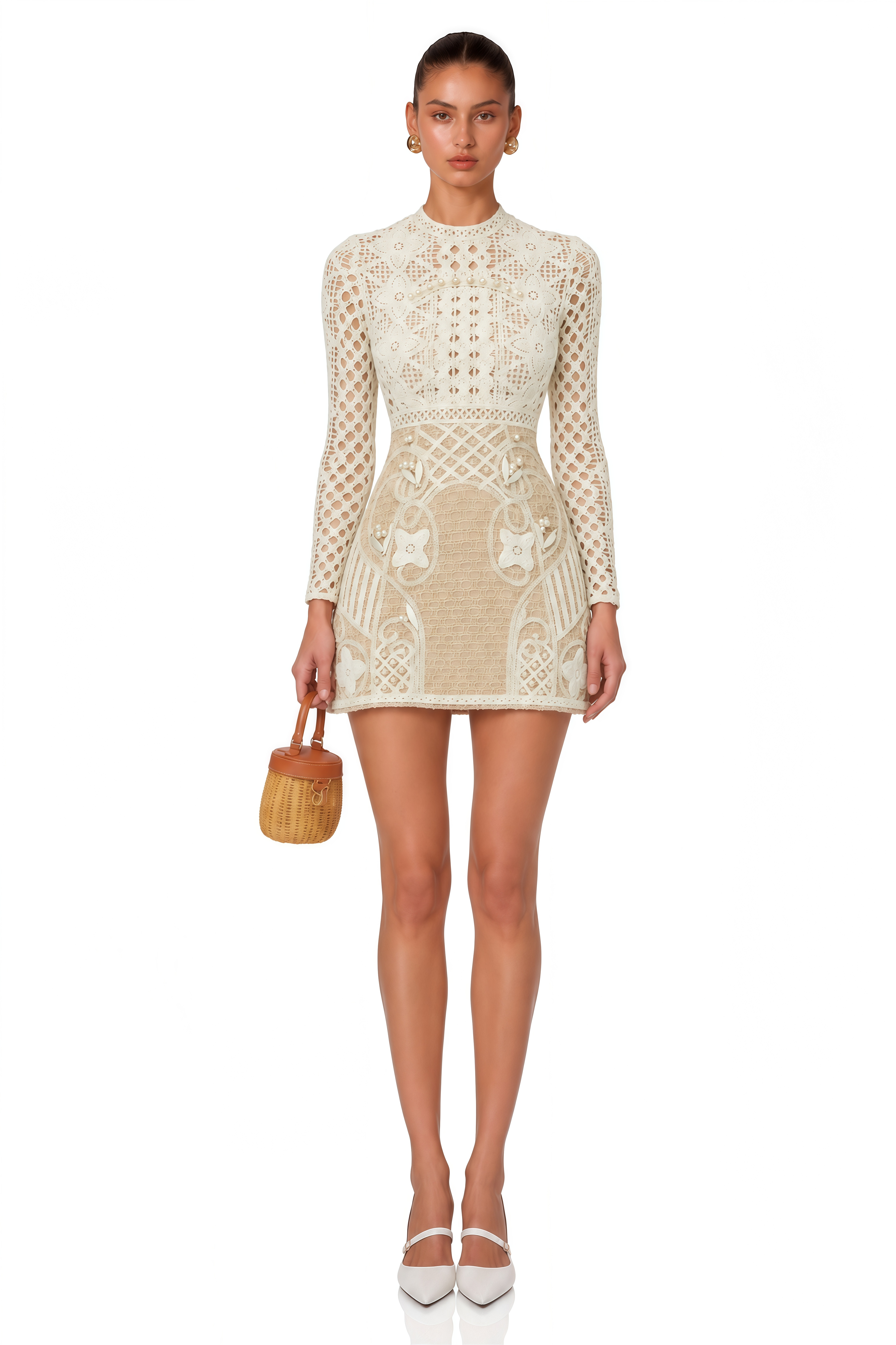 Theodosia Neutral Crochet Long Sleeves Mini Dress