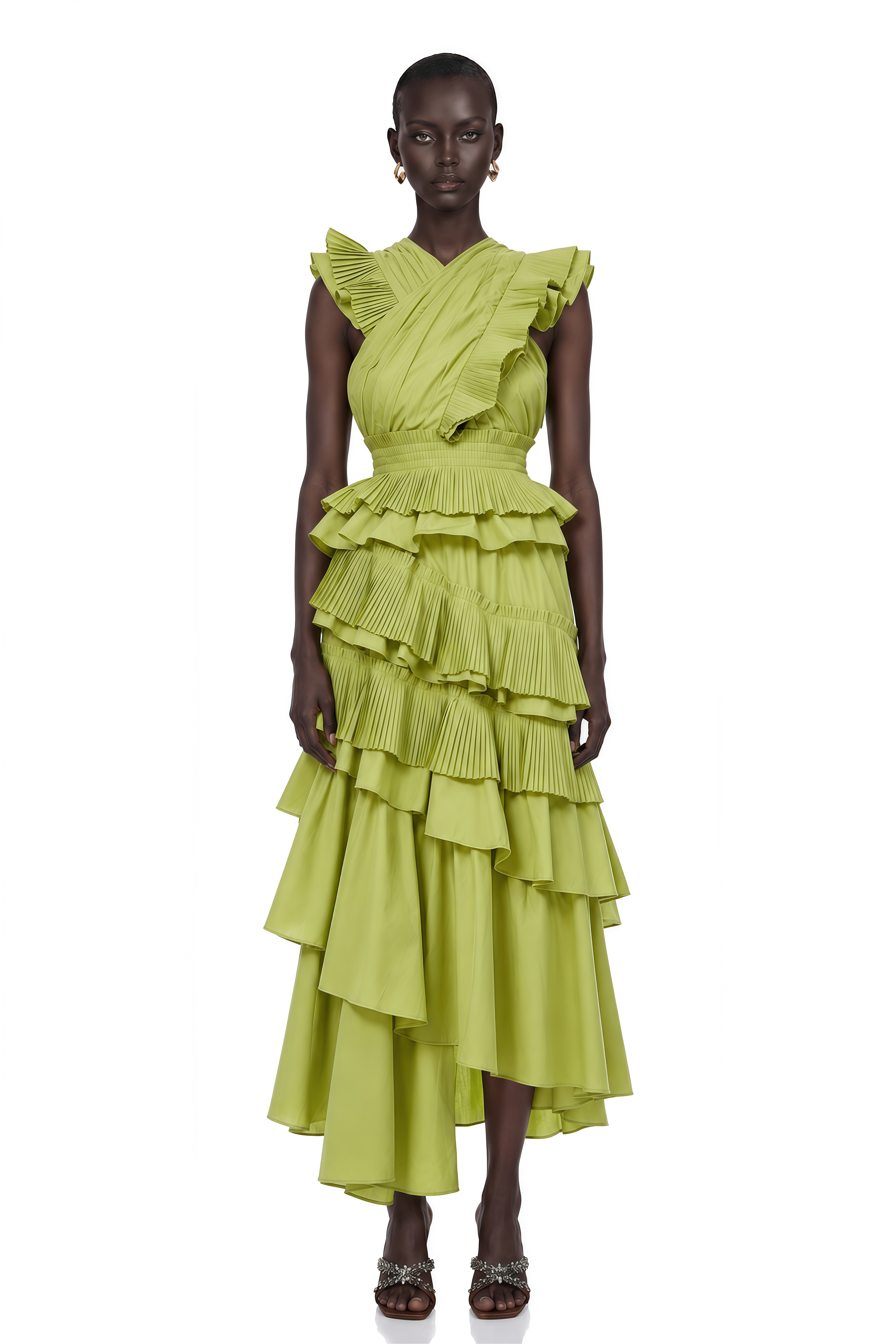 Raffaella Green Asymmetrical Ruffled Tiered Midi Dress