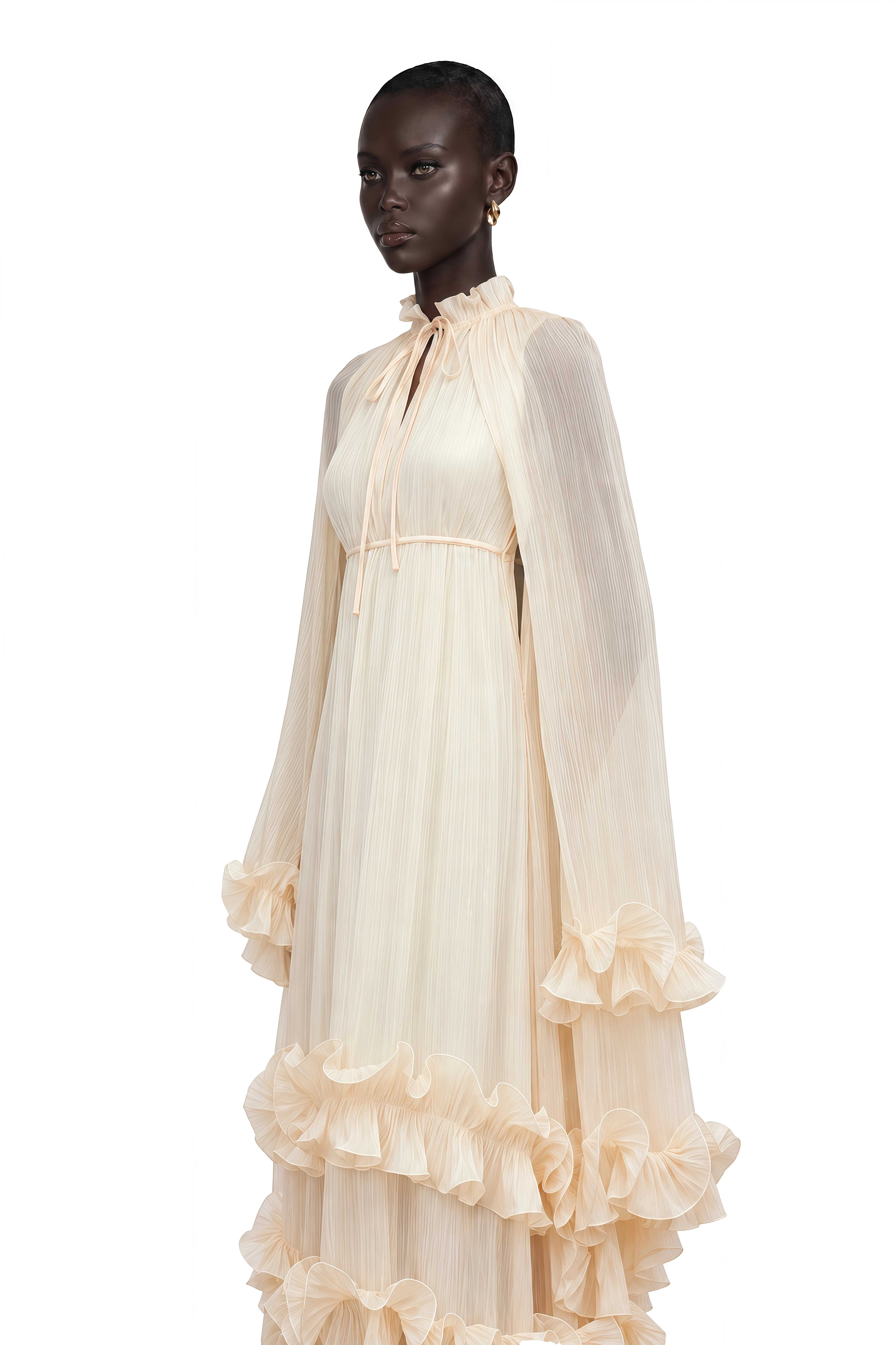 Intemporelle Neutral Cape Pleated Midi Dress