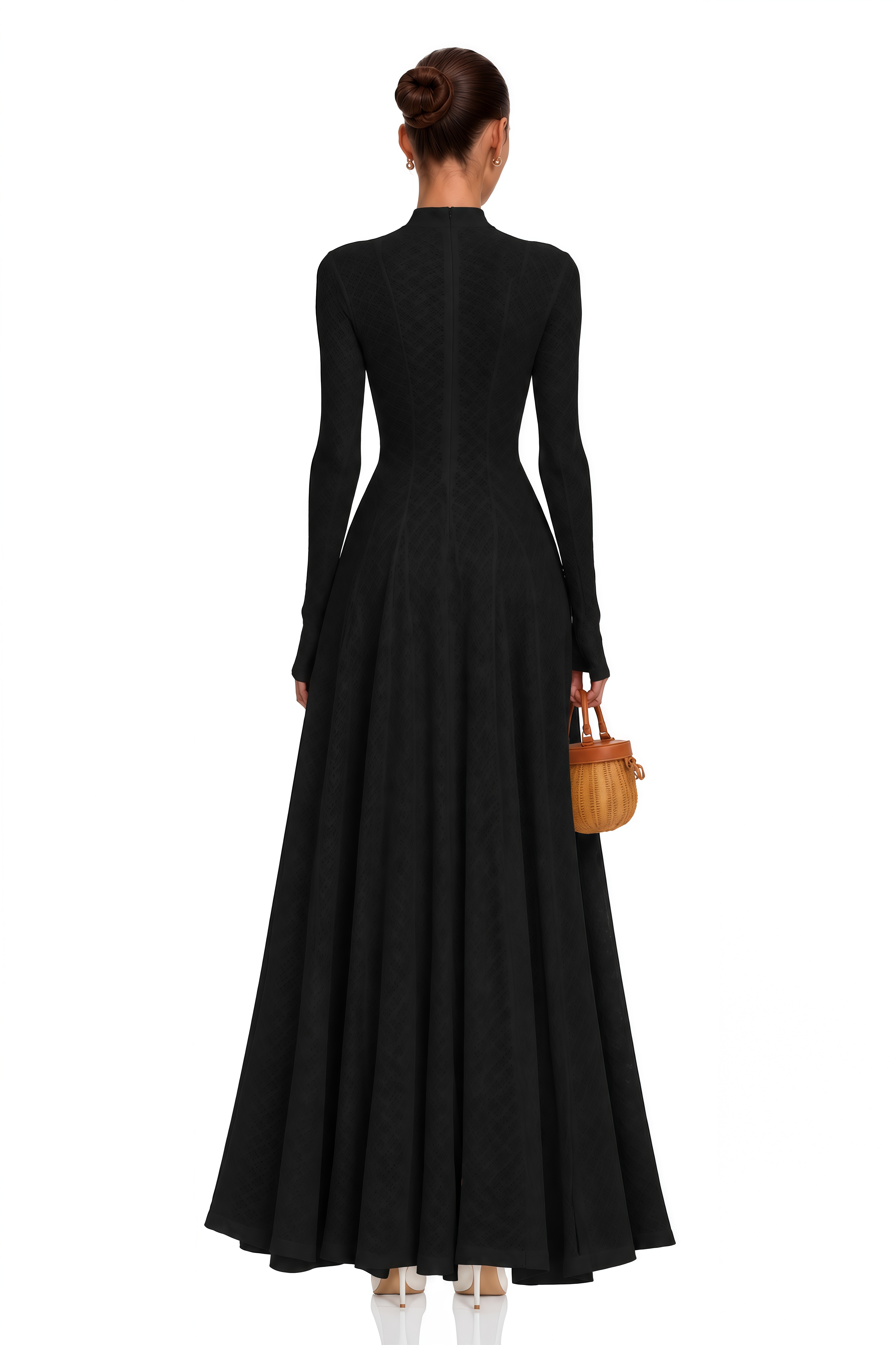 Athena Wavy-Pattern Lace Maxi Dress in Black