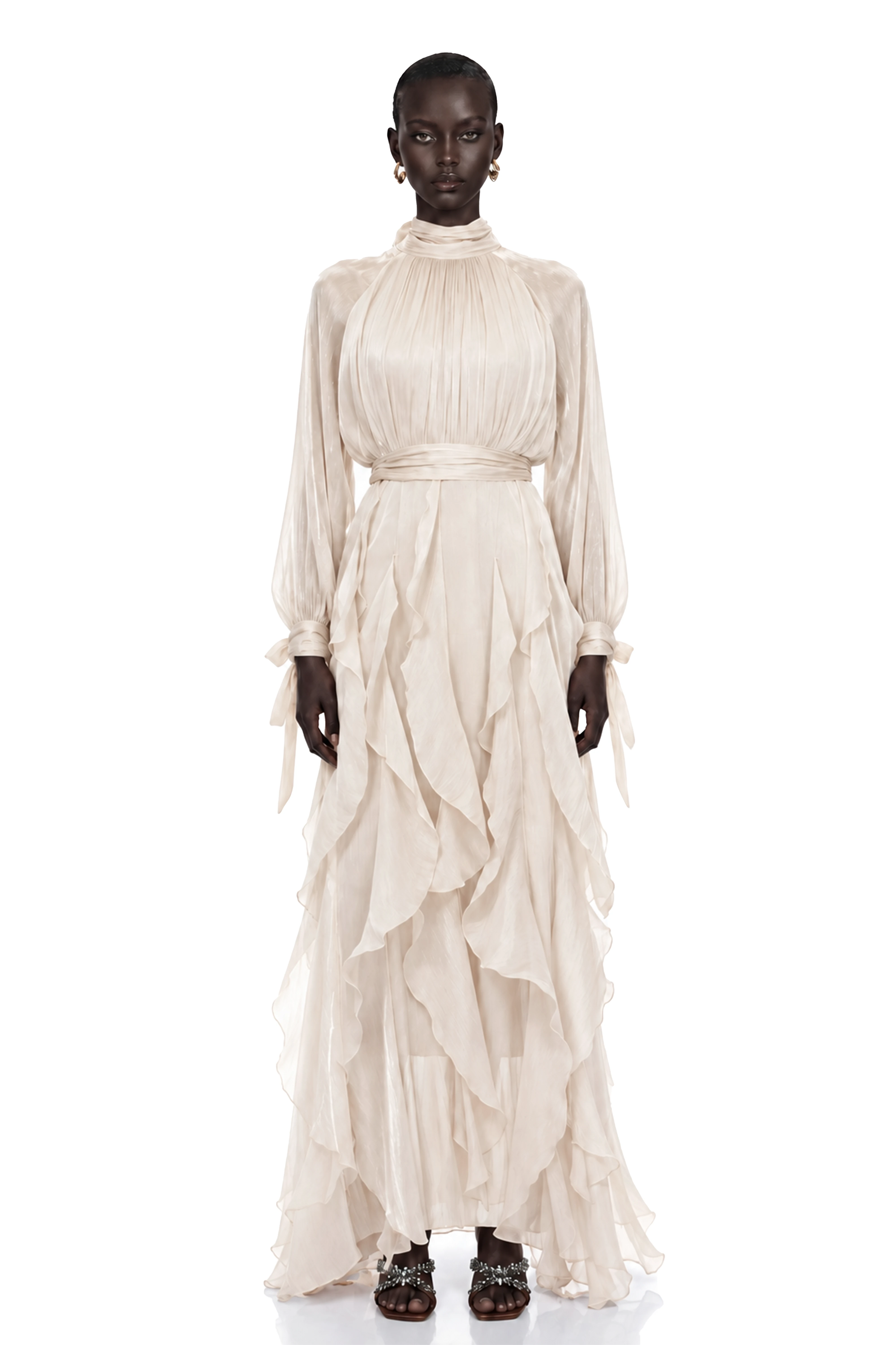 Zélie Neutral Glossy Pleated Ruffled Maxi dress