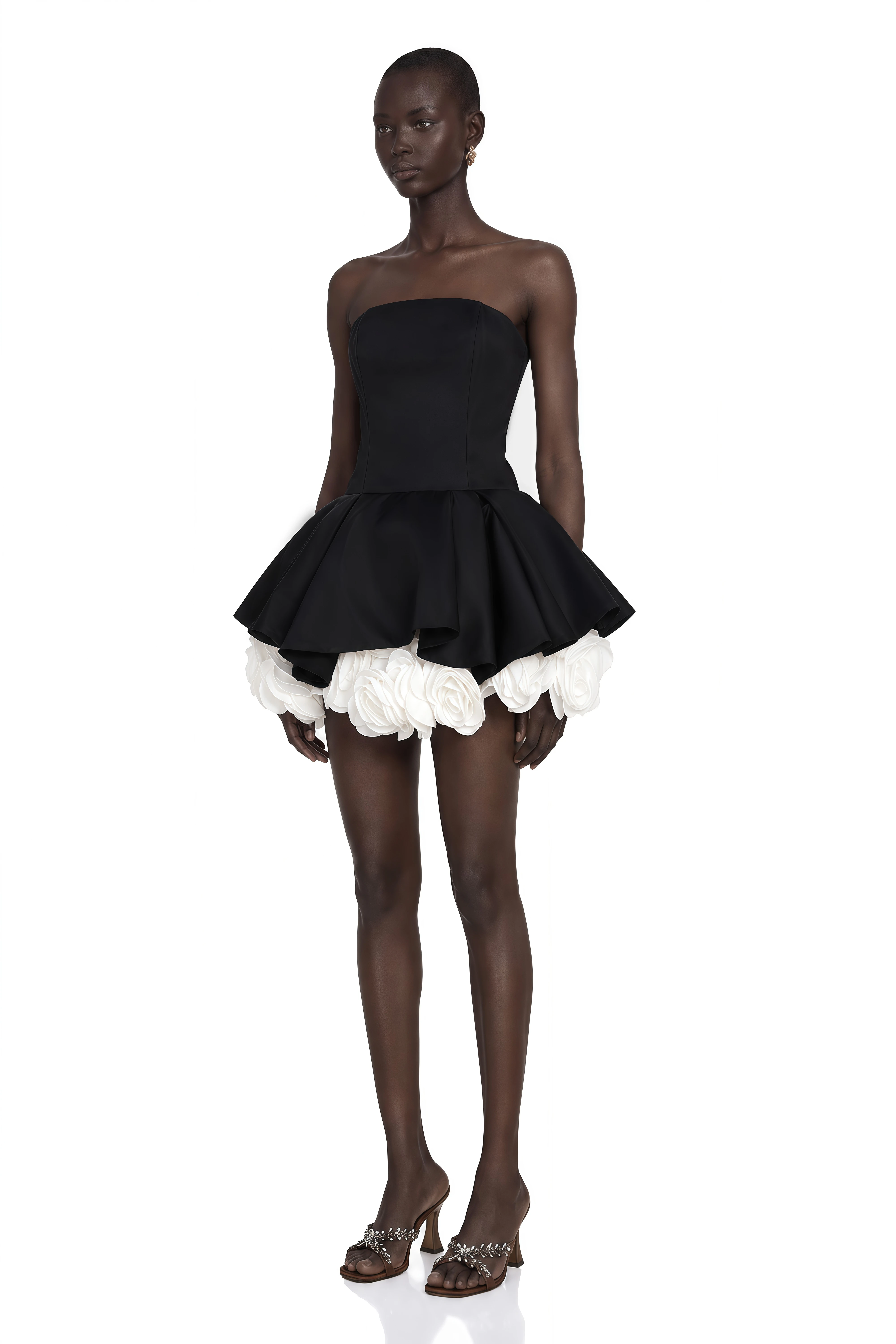 Lucie Black Petal-Layered Strapless Corset Mini Dress
