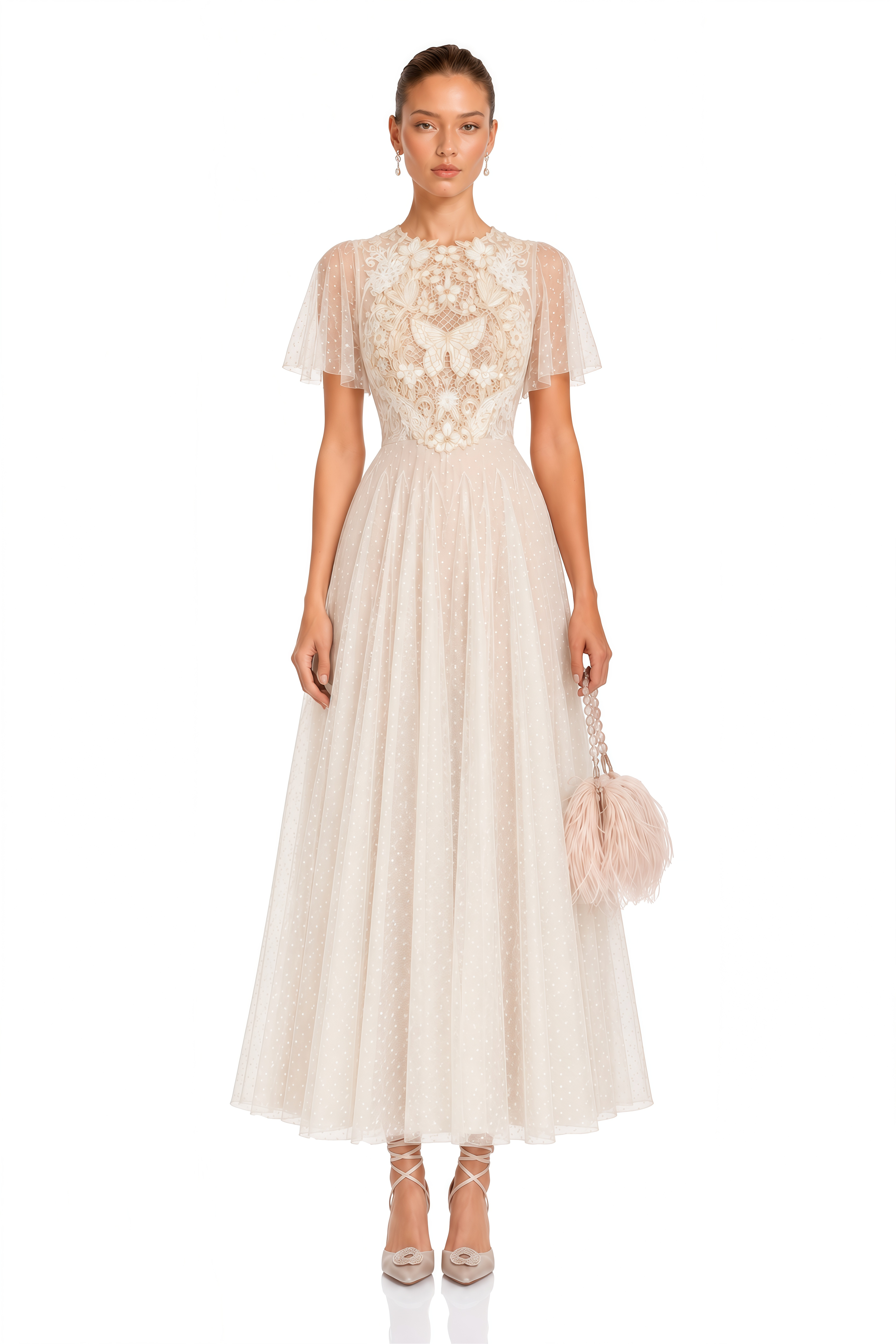 Nicolette Neutral Floral Applique Pleated Tulle Midi Dress