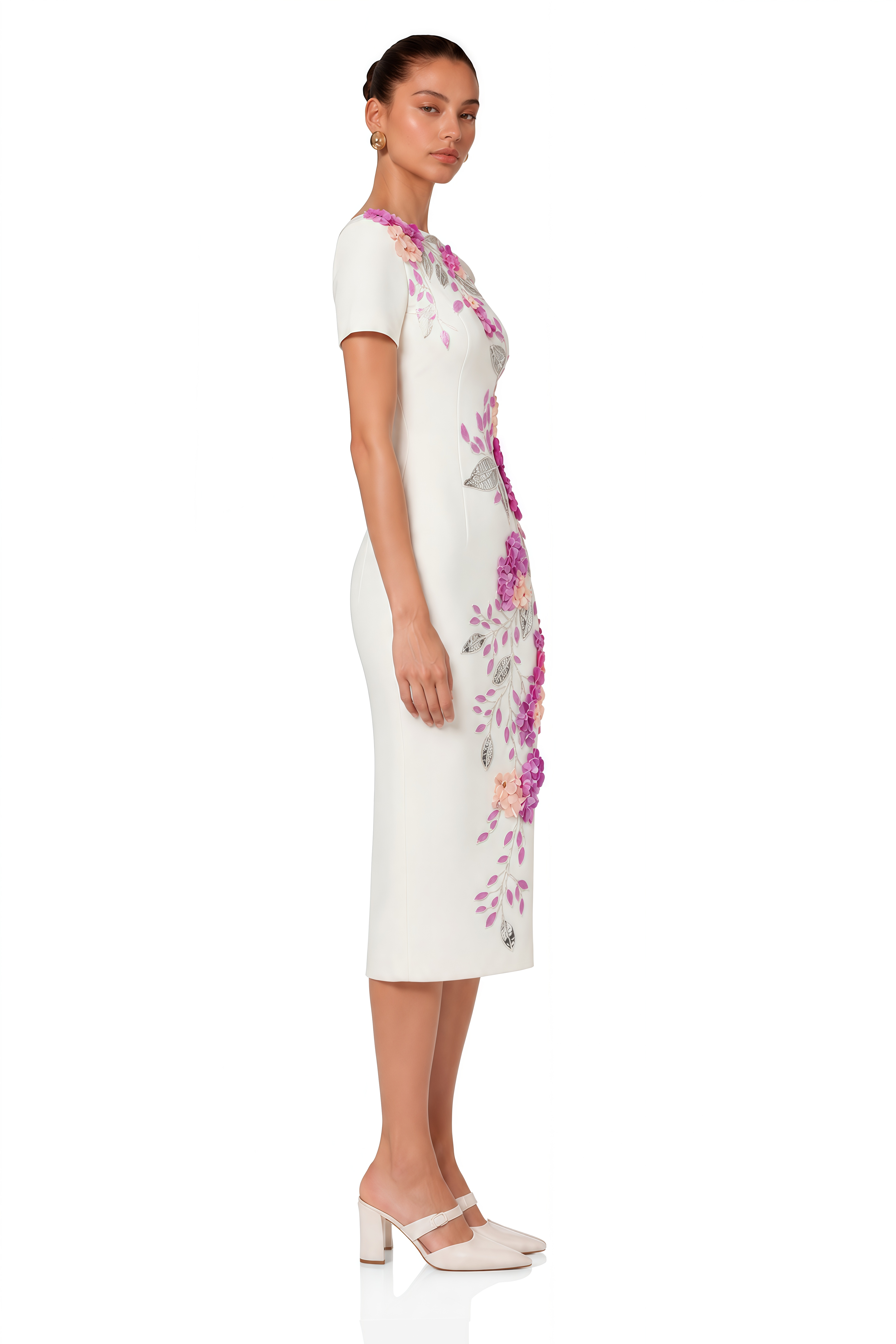 Althea White Short Sleeves Midi Dress with 3D Florals