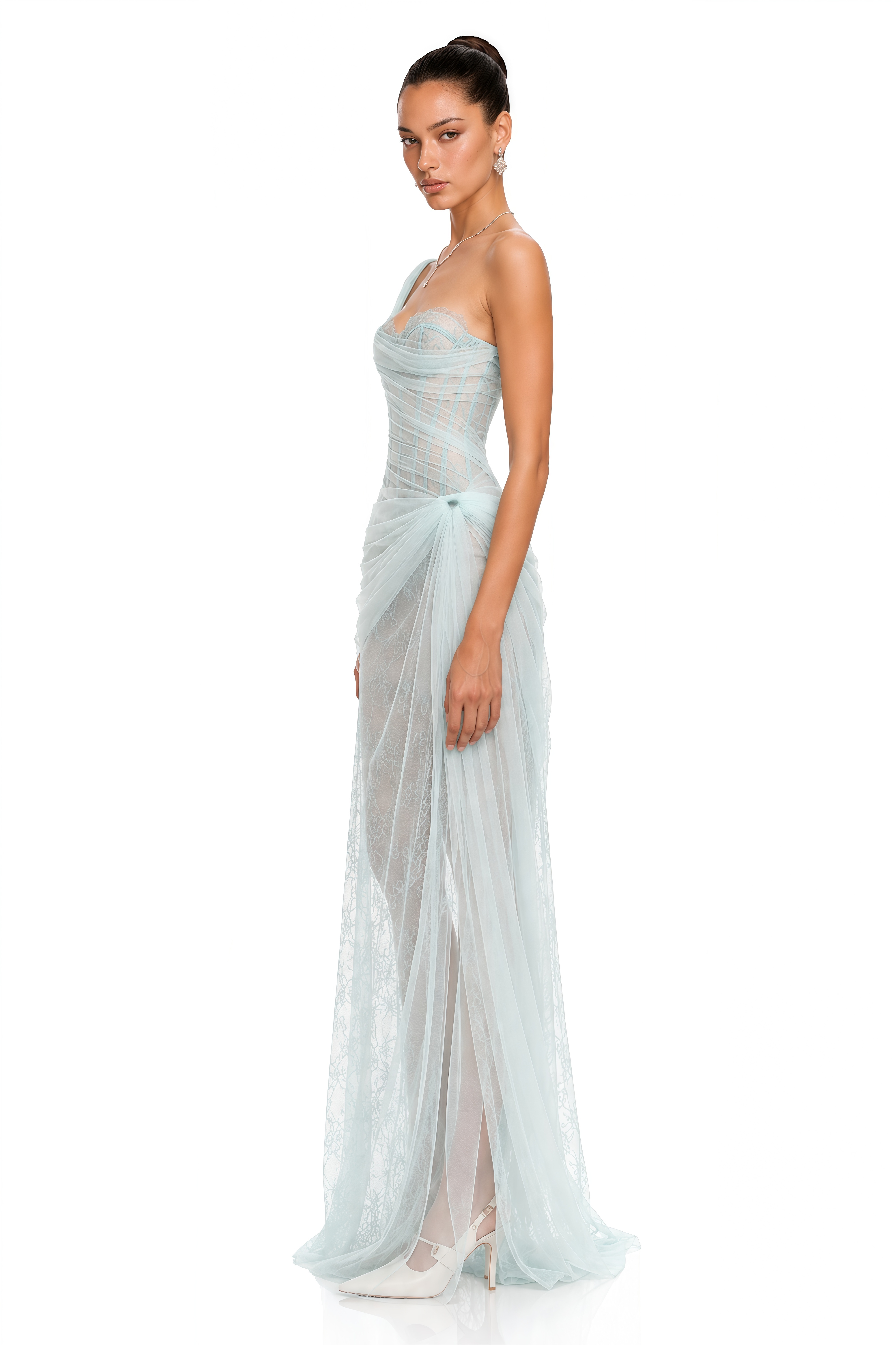 Juno Blue Pleated Mesh Midi Dress