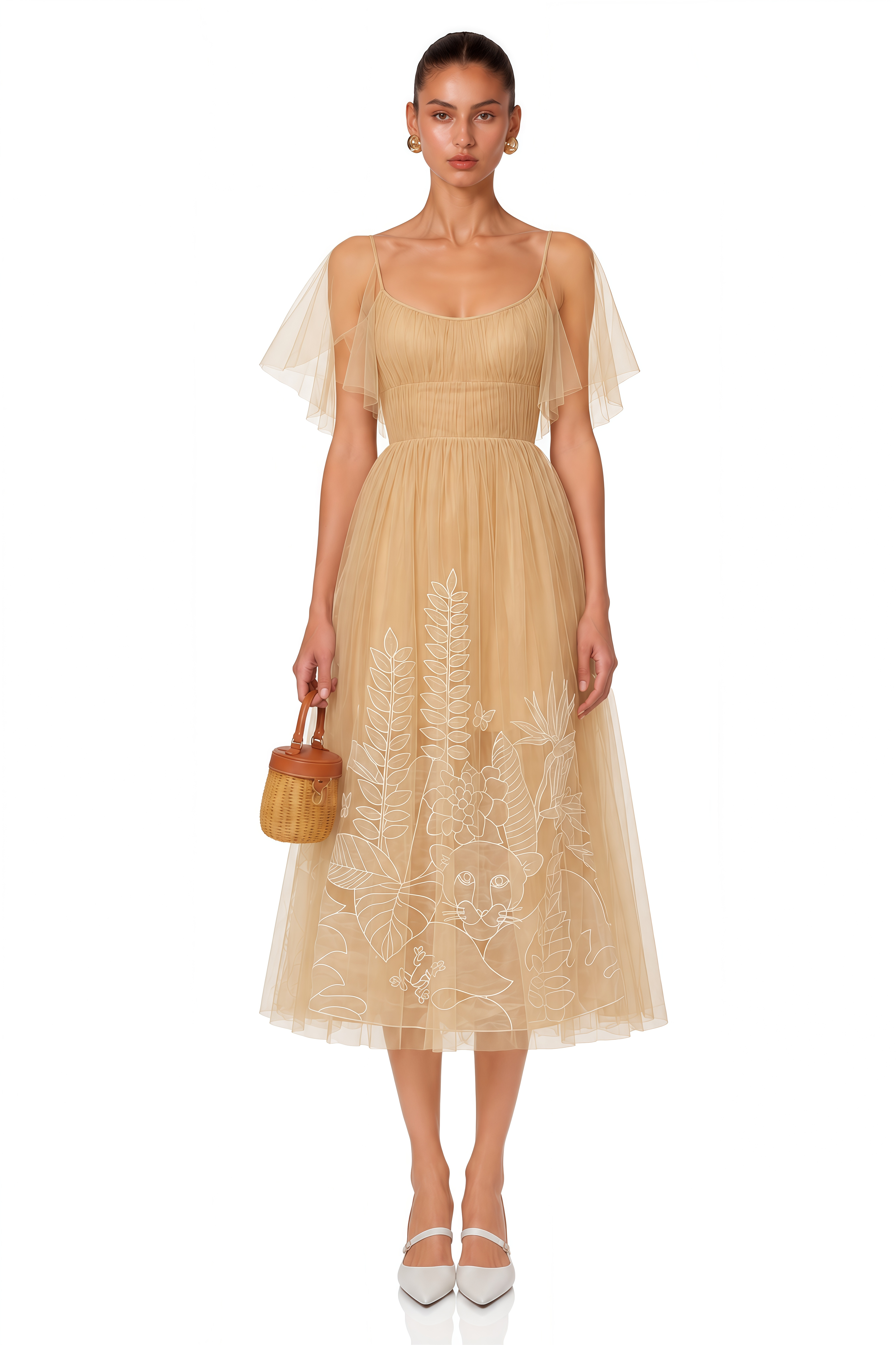 Blanka Neutral Pleated Jacquard Tulle Midi Dress