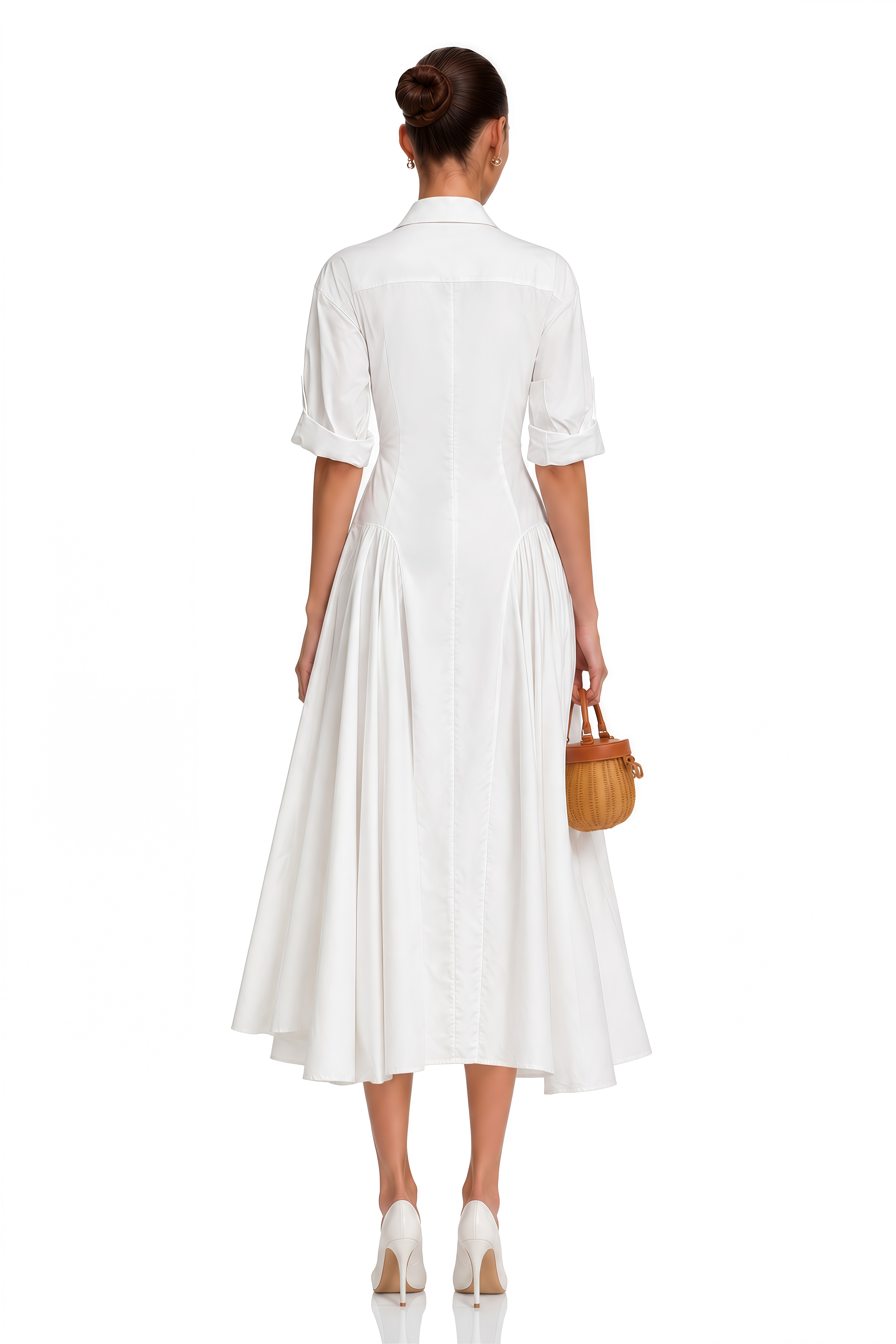 Dulcie White Front-Slit Shirred Shirt Dress