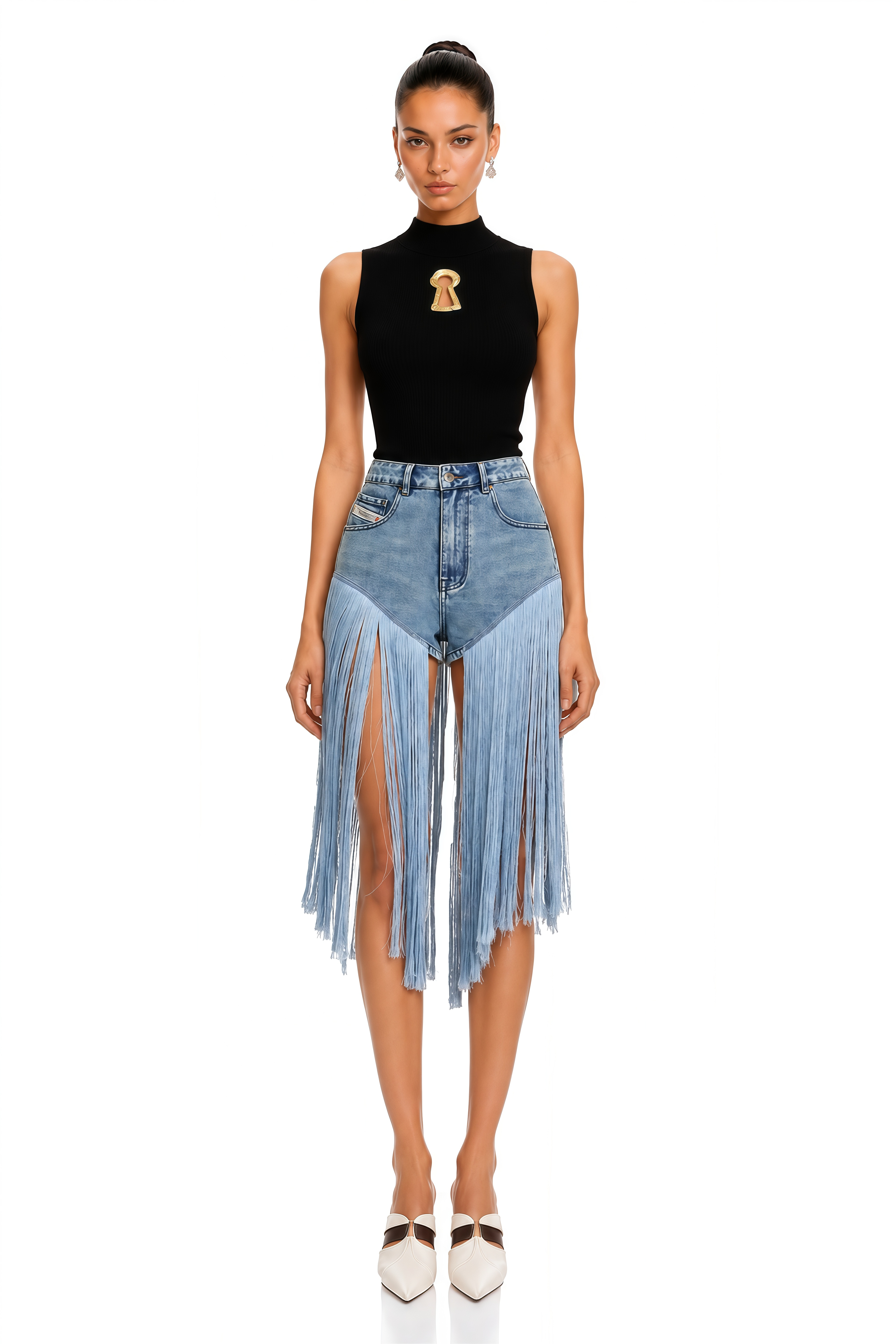 Ysandre Black Ribbed Knit Keyhole Tank Top