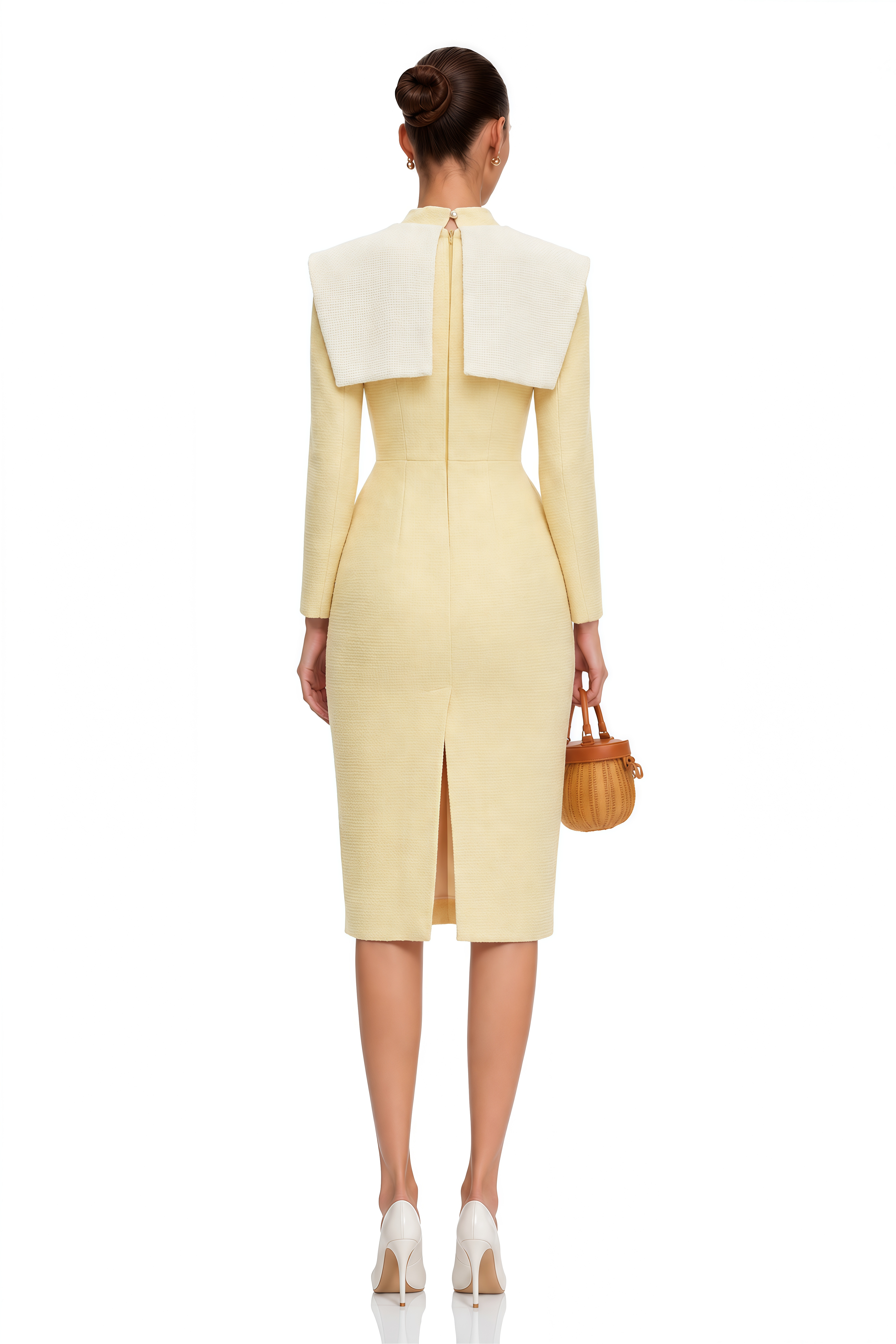 Philomene Yellow Midi Dress with Embroidered Collar