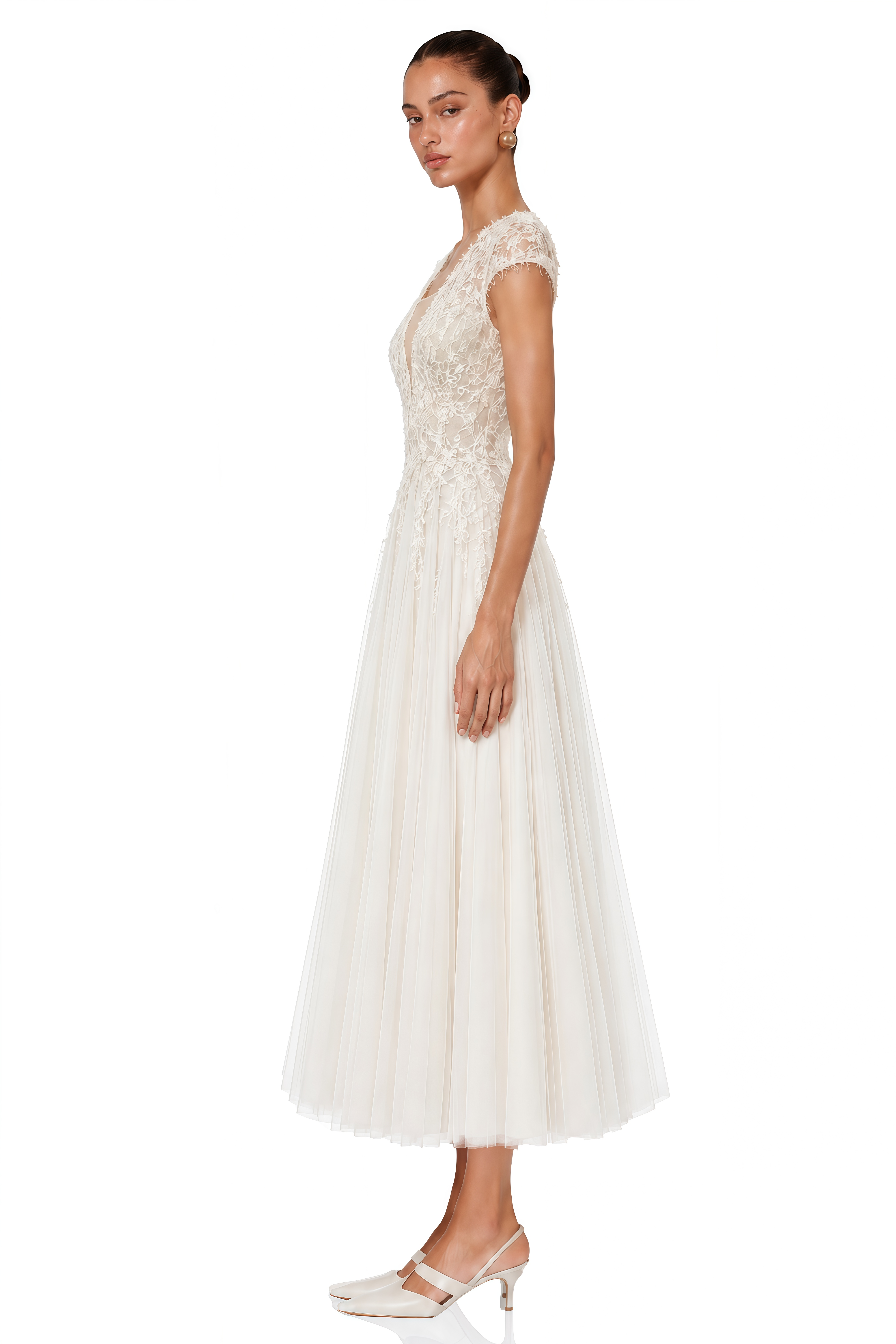 Antonia White Plunge Neck Midi Dress with Cap Sleeves