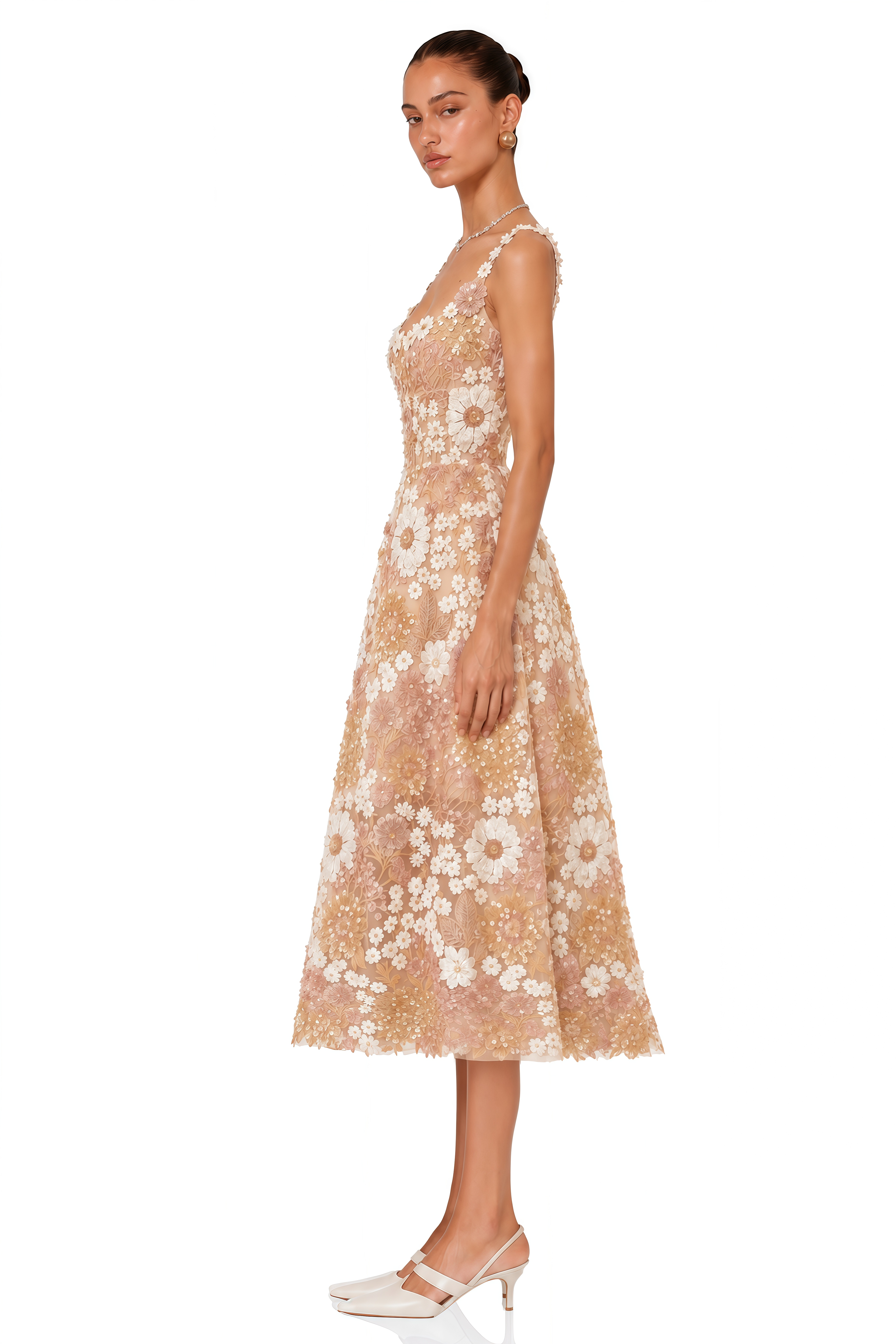 Eirlys Neutral Sequined Floral Tulle Midi Dress