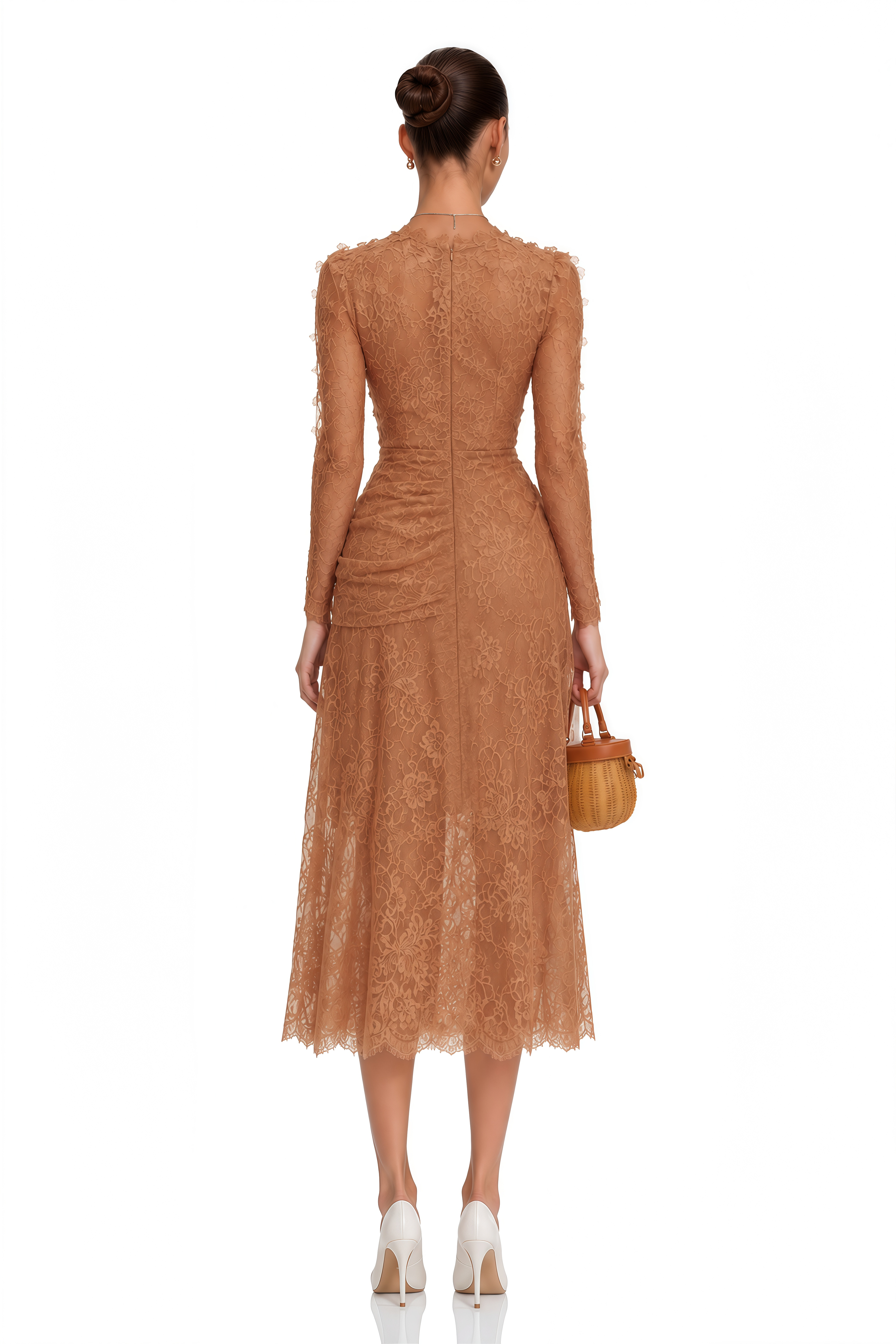 Hadley Caramel Twisted Floral Lace Midi Dress
