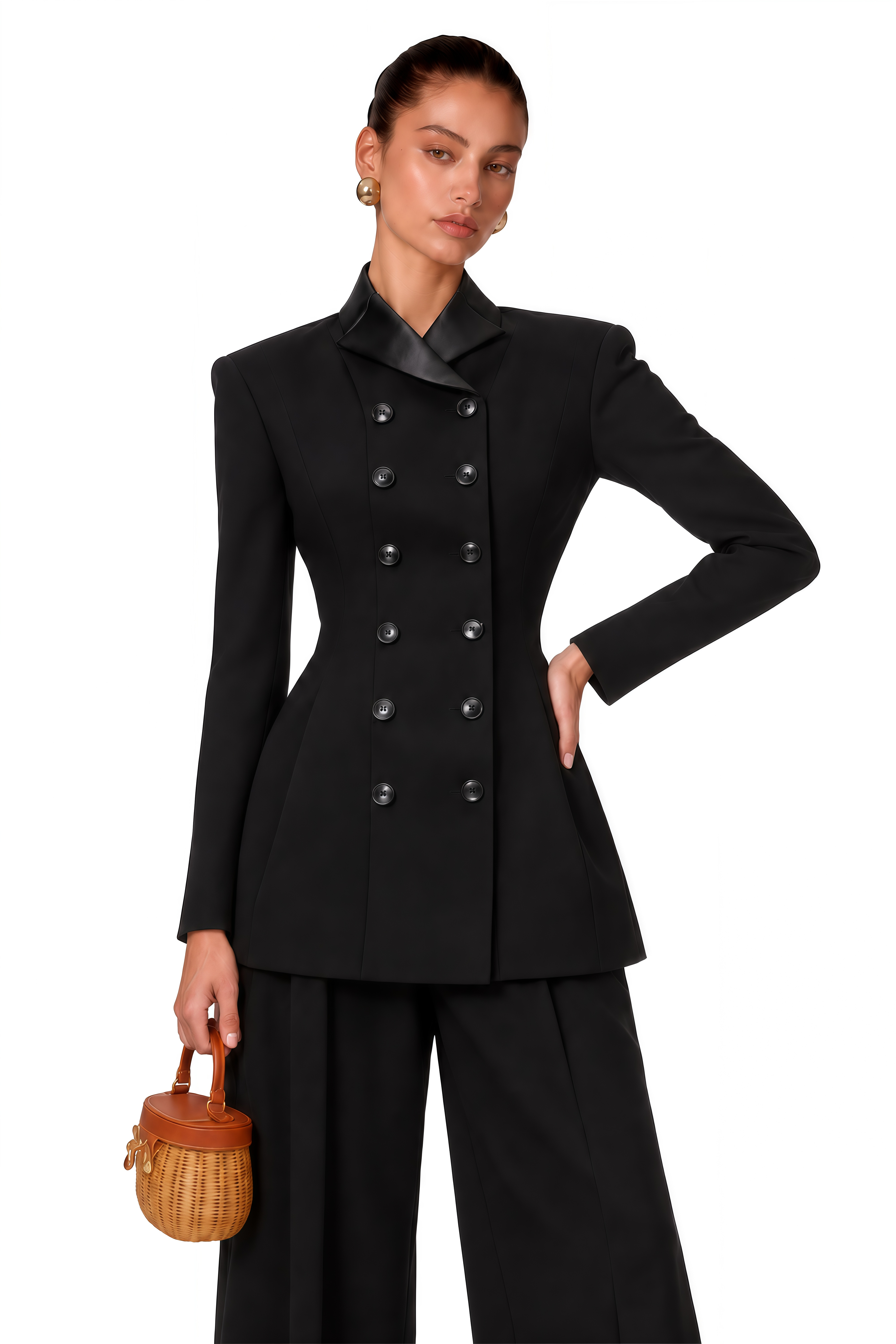 Leander Black Double-Breasted Long Blazer