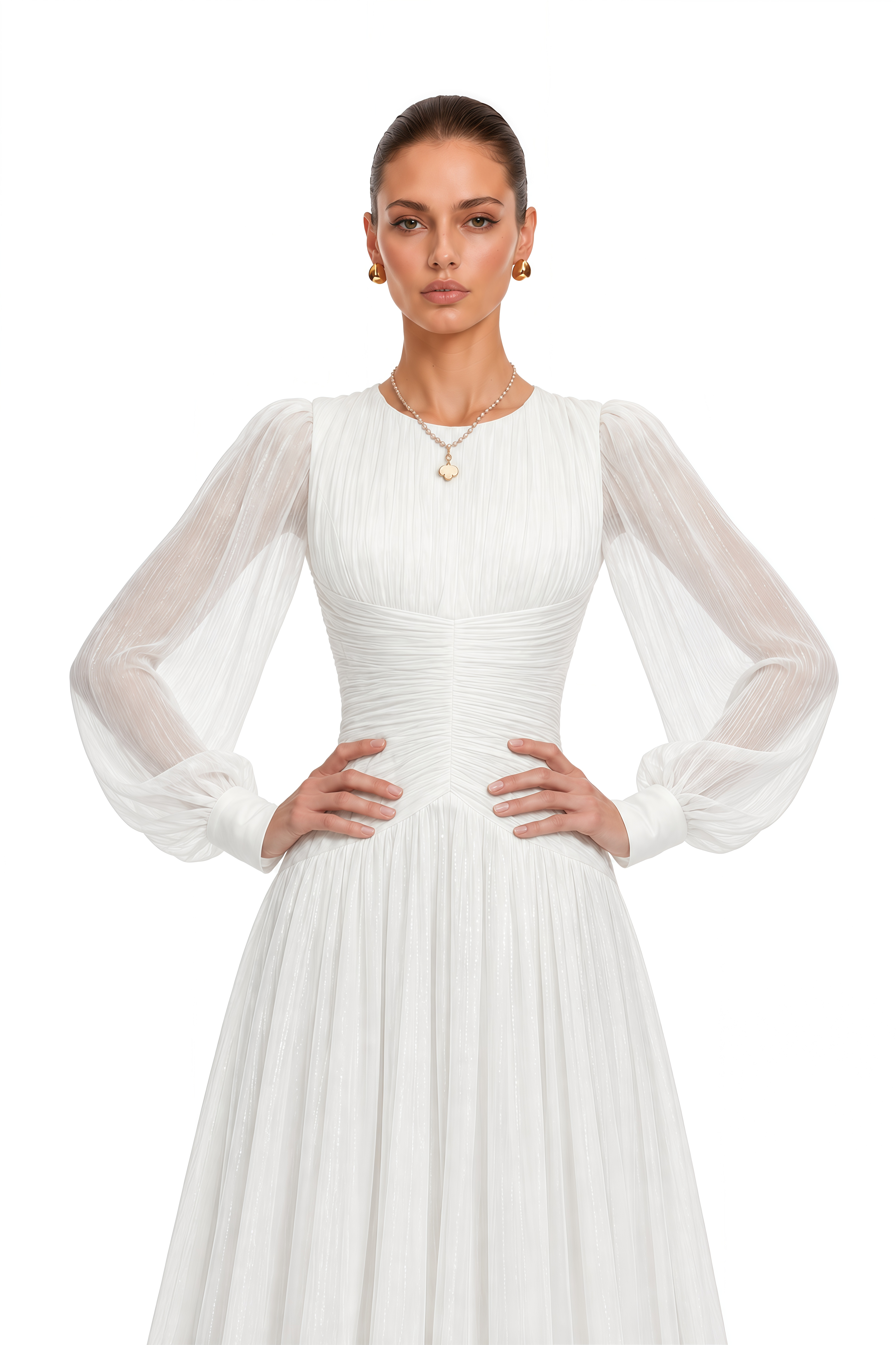Aneka White High Neck Glossy Ruched Maxi Dress