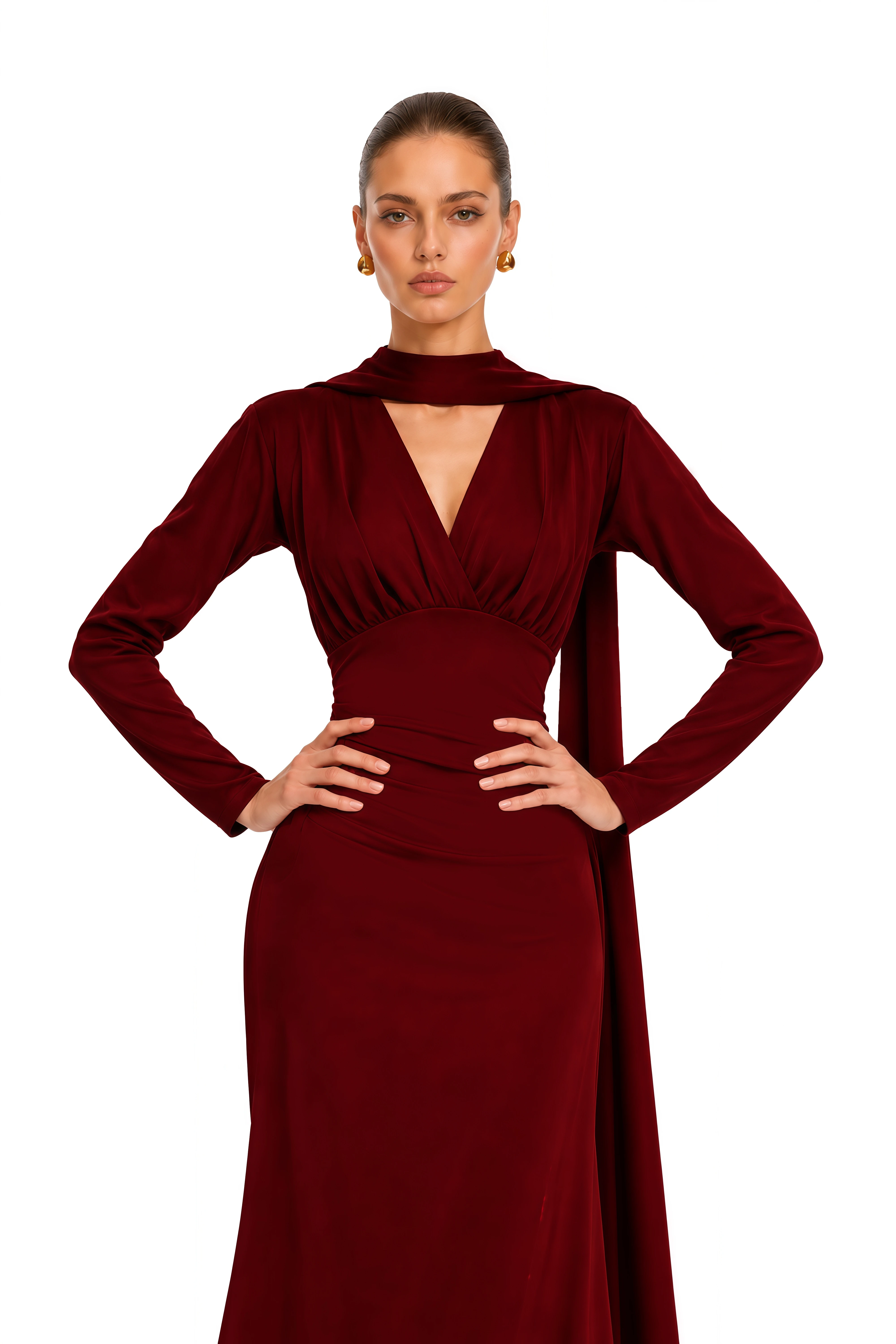 Margot Red Scarf Design Ruched Maxi Gown