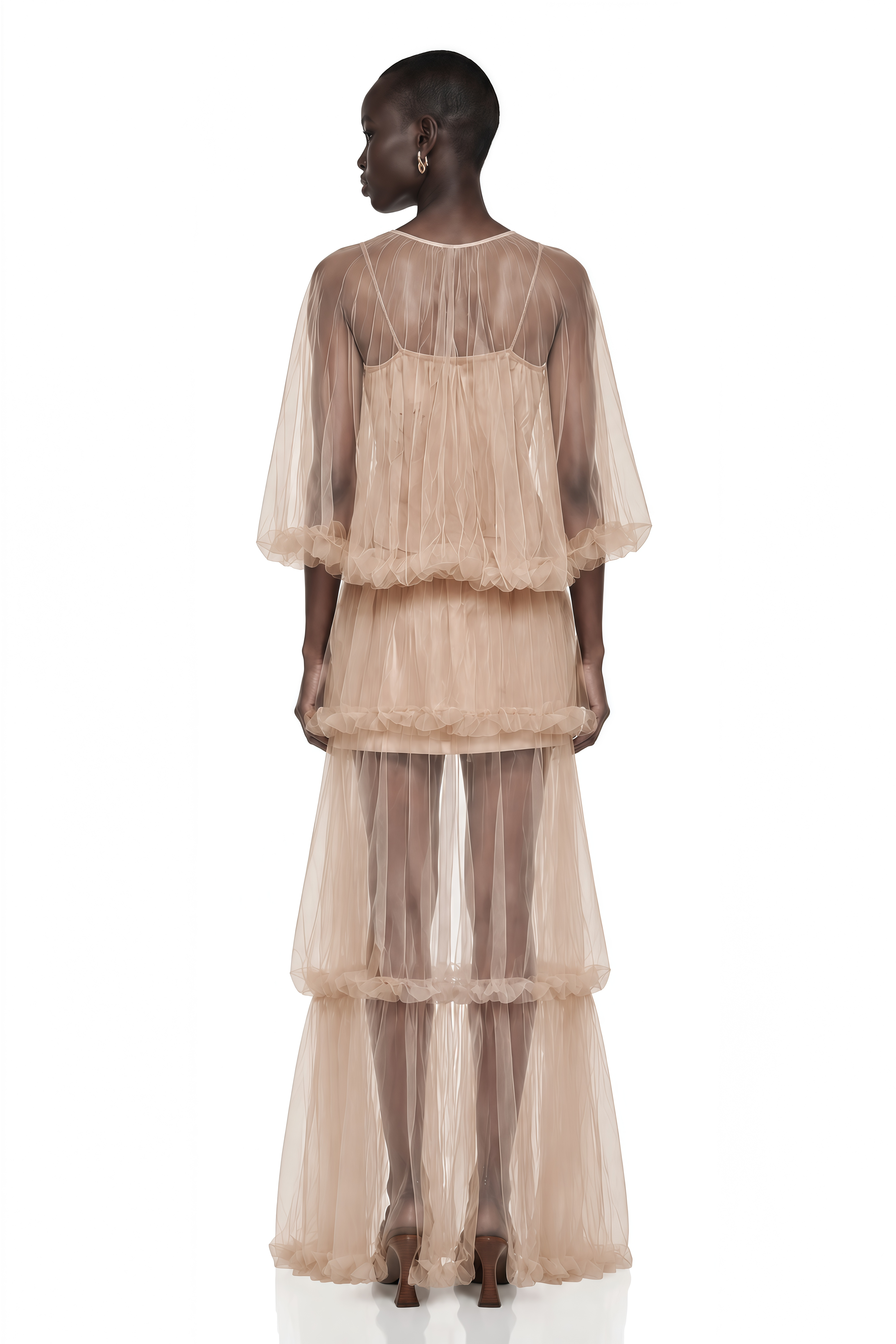 Graciana Nude Asymmetrical Pleated Maxi Dress