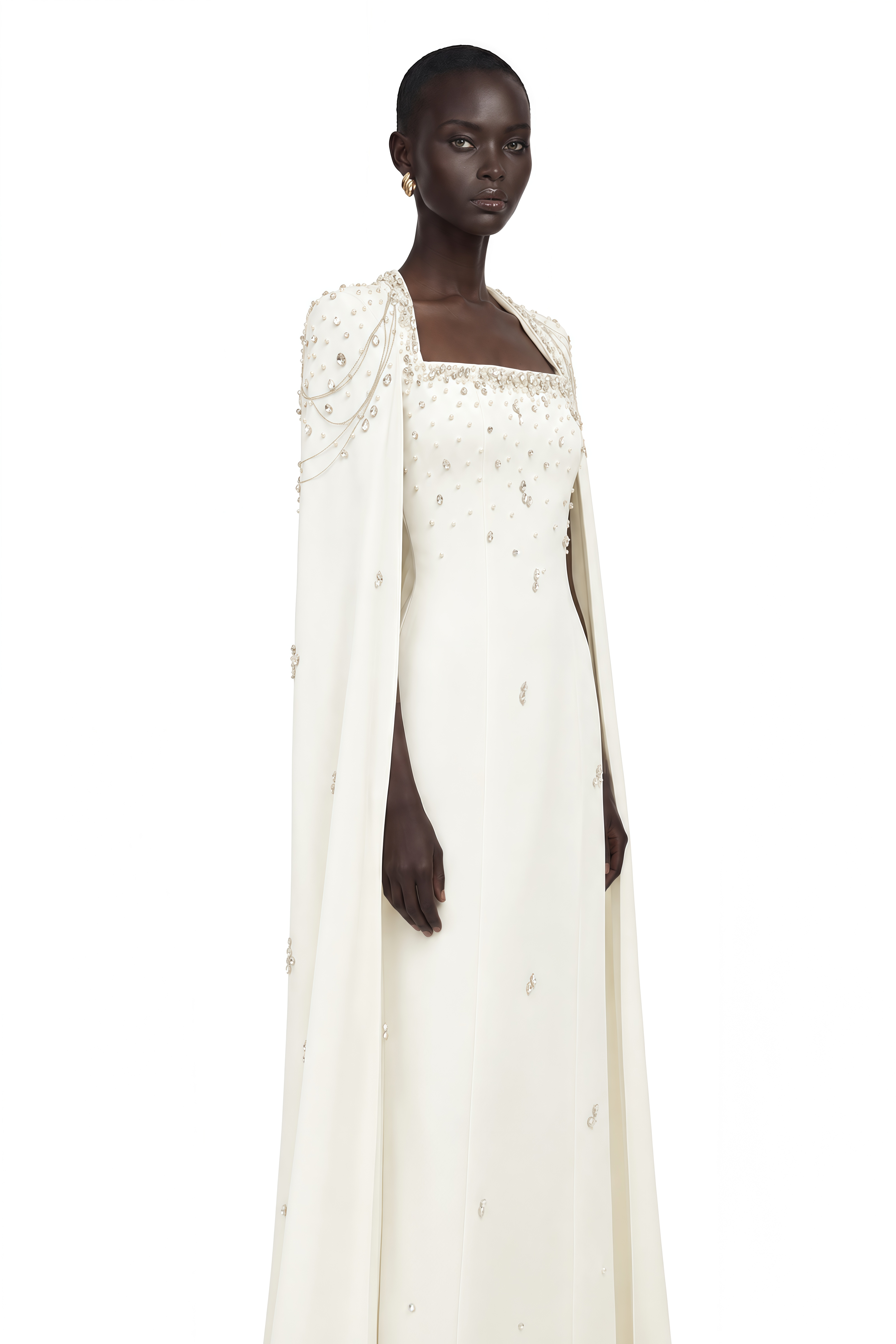 Épuré White Embellished Cape Gown