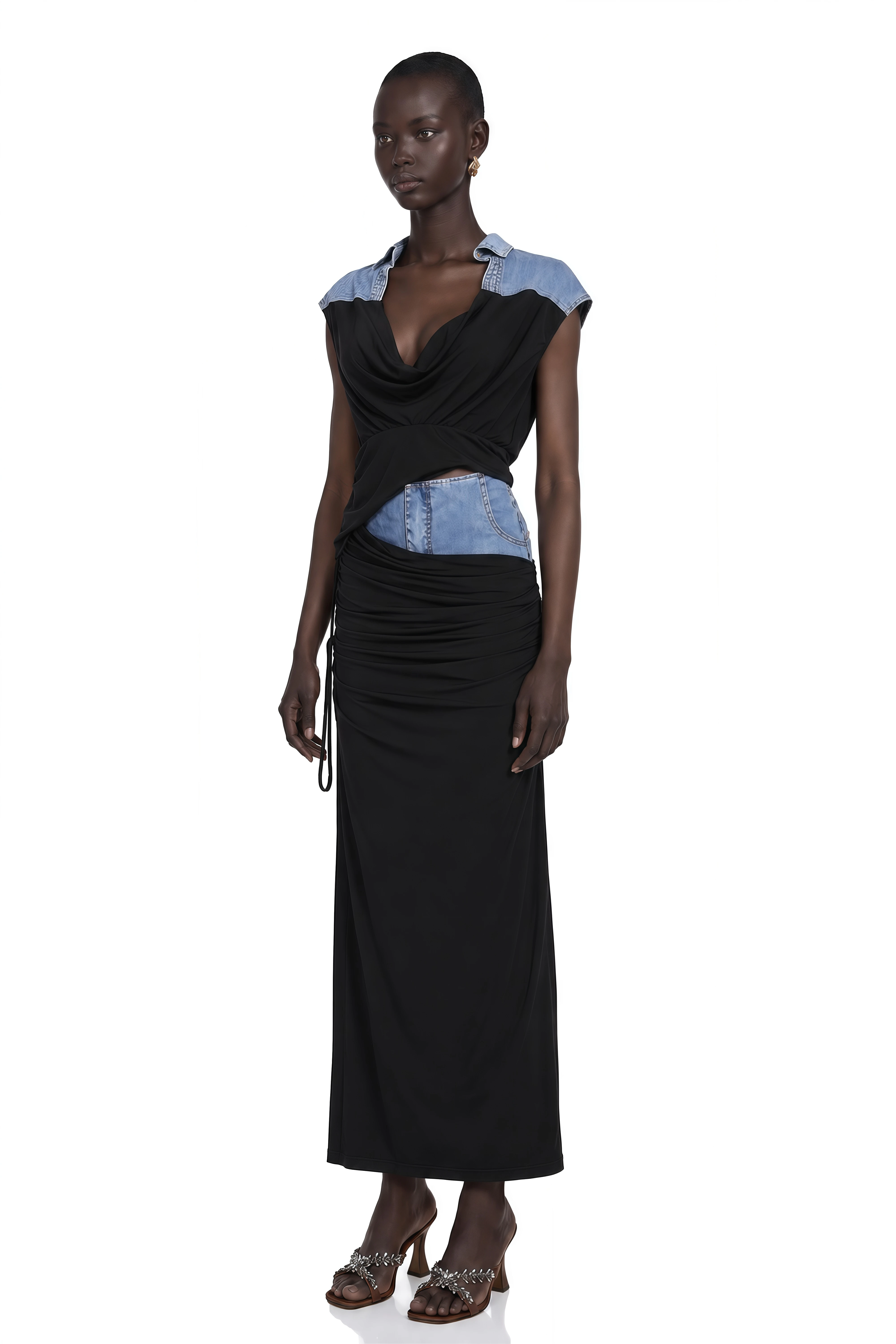 Nala Jersey-Paneled Denim Top & Skirt Matching Set