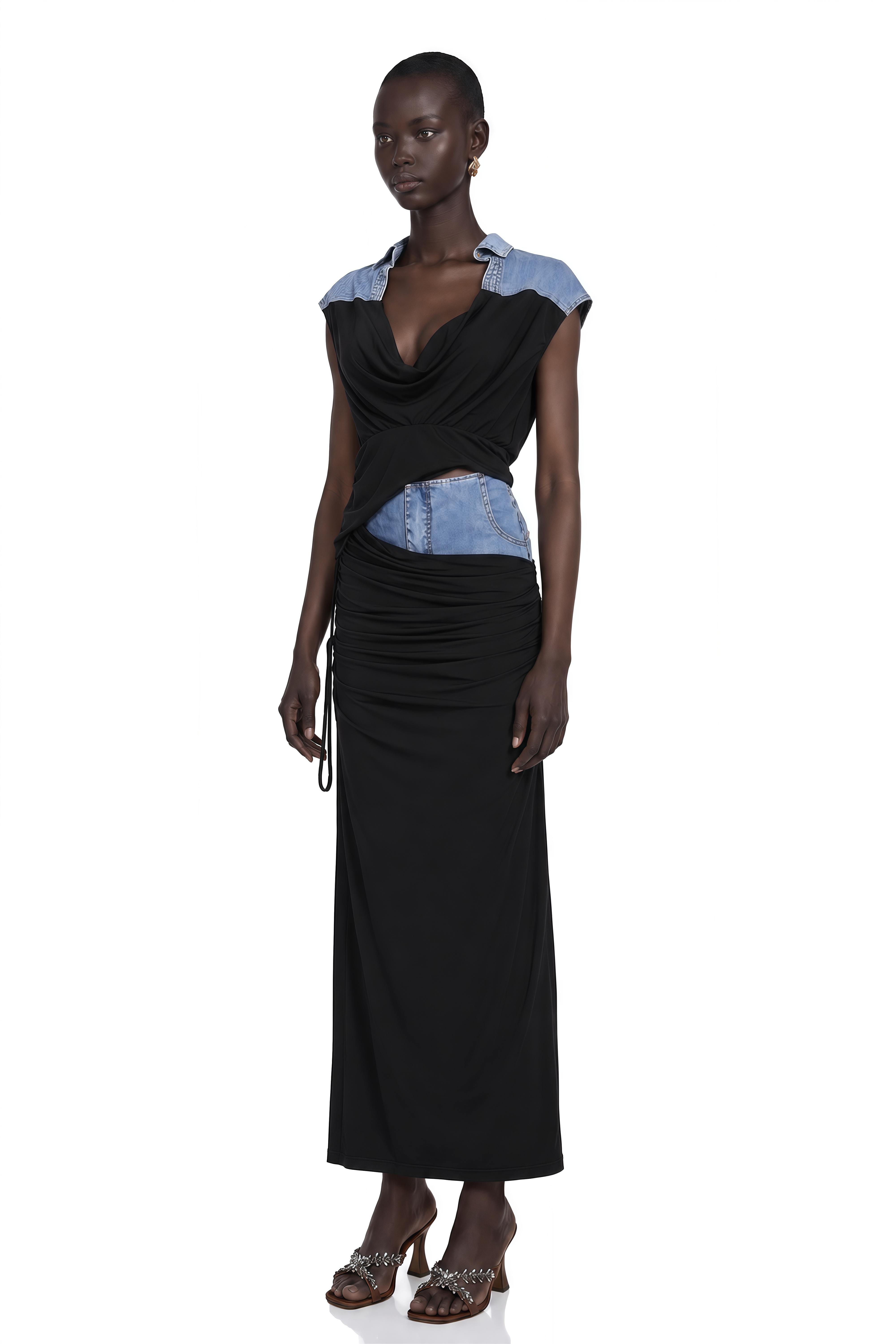 Nala Jersey-Paneled Denim Top & Skirt Matching Set