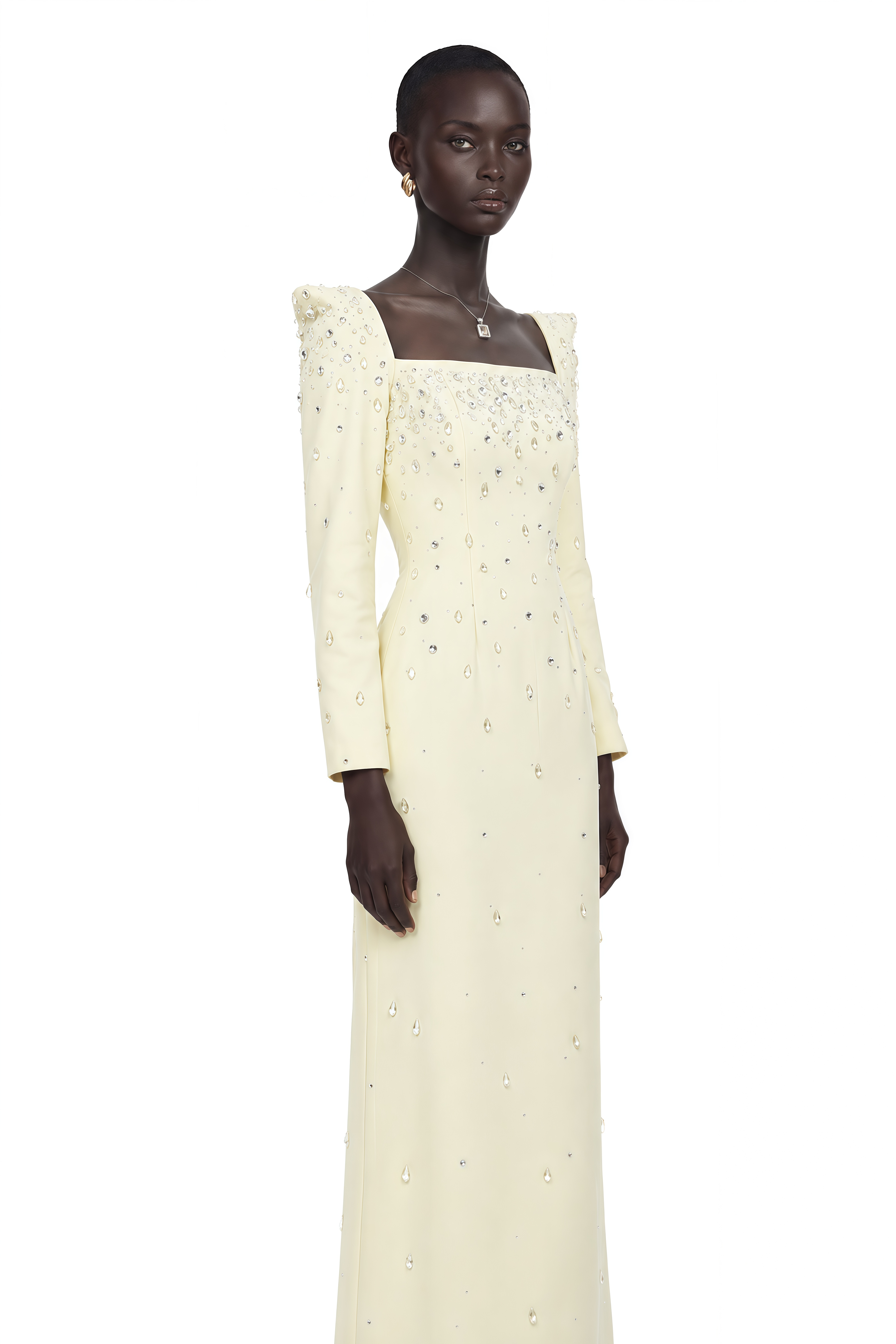 Carmela Yellow Square Neck Embellished Maxi Dress