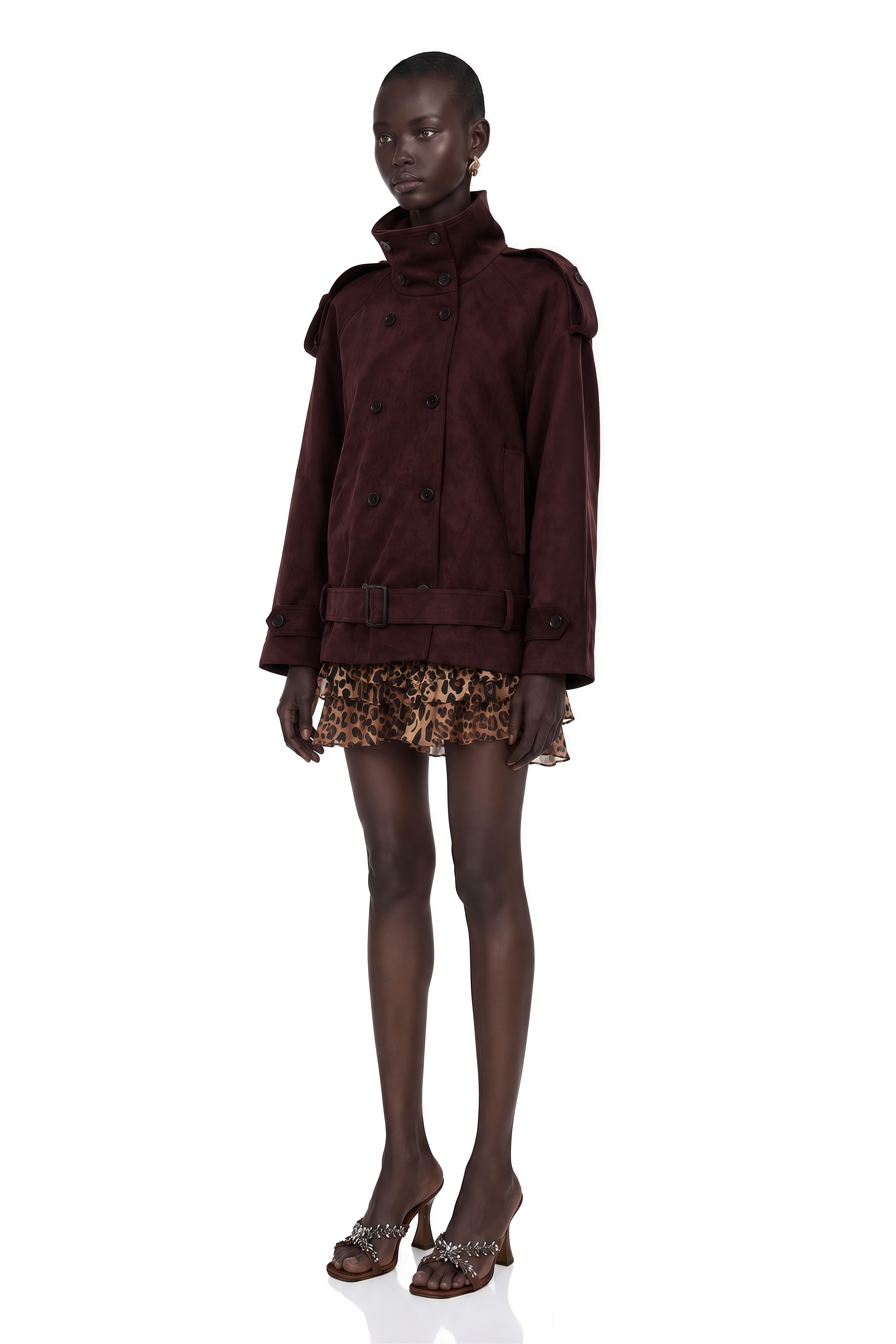 Flavia Burgundy Belted Suede Trench Coat