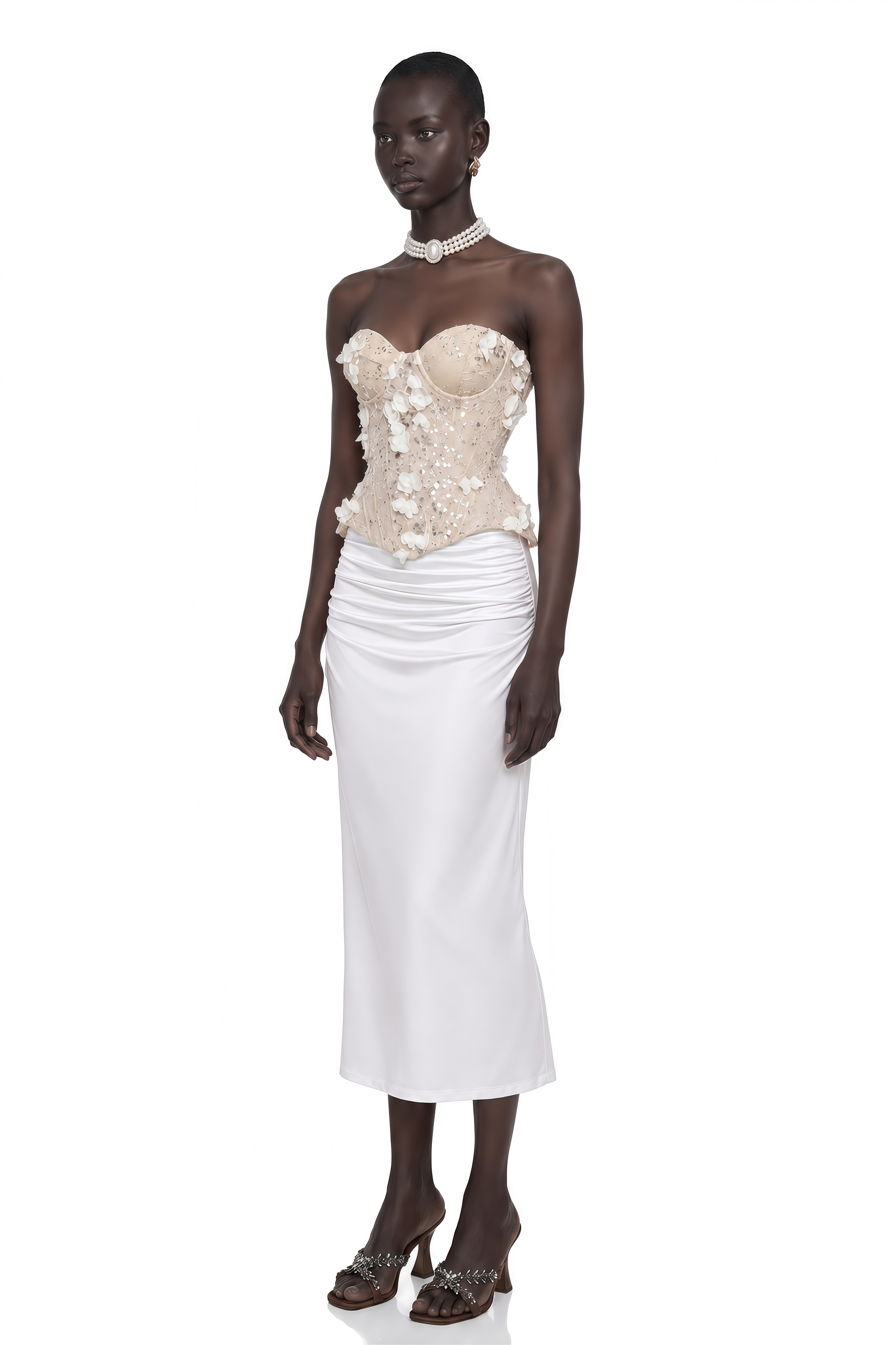 Sisanda White Top & Skirt Set with 3D Petals