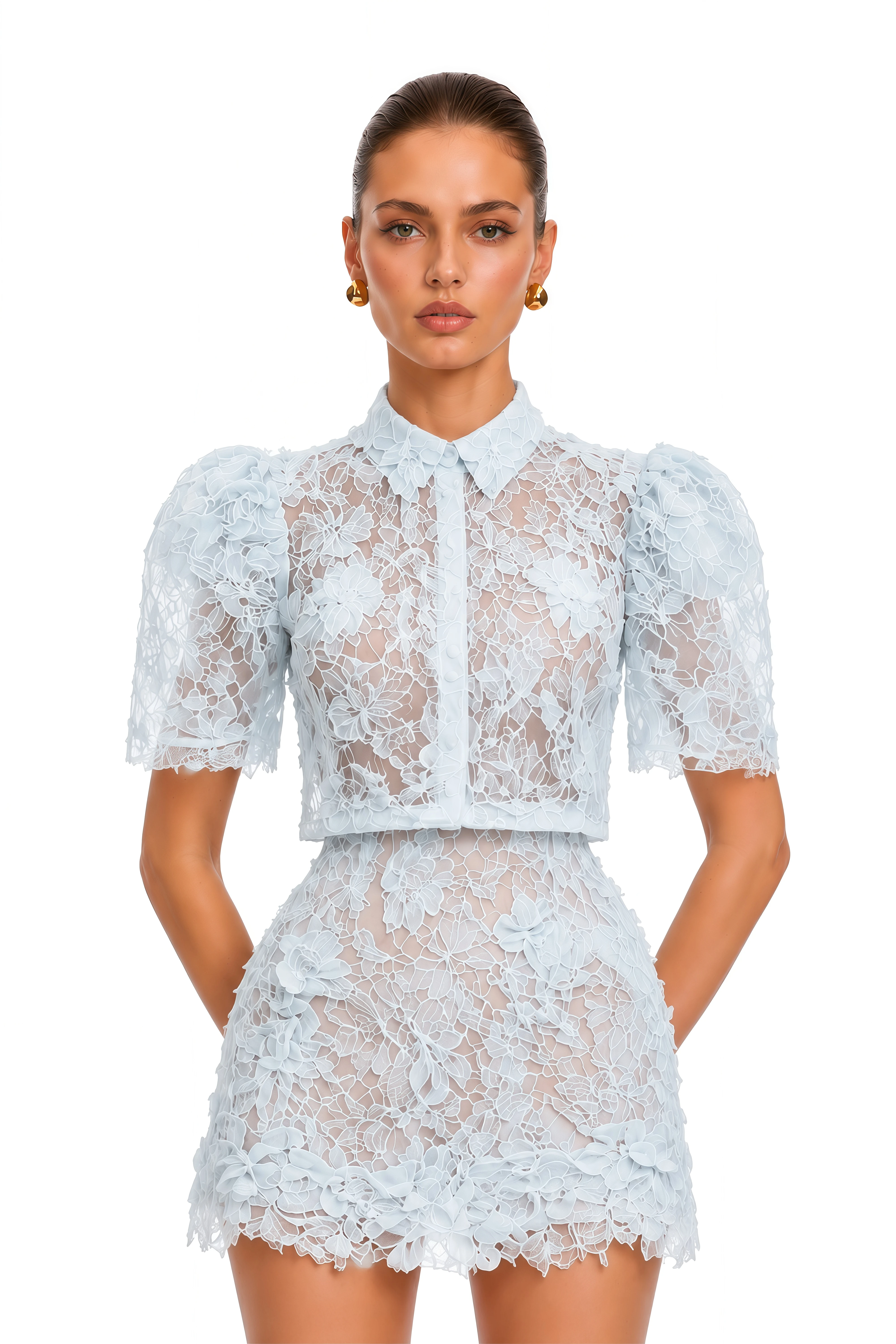 Nathalie Blue Floral Lace Top & Skirt Set