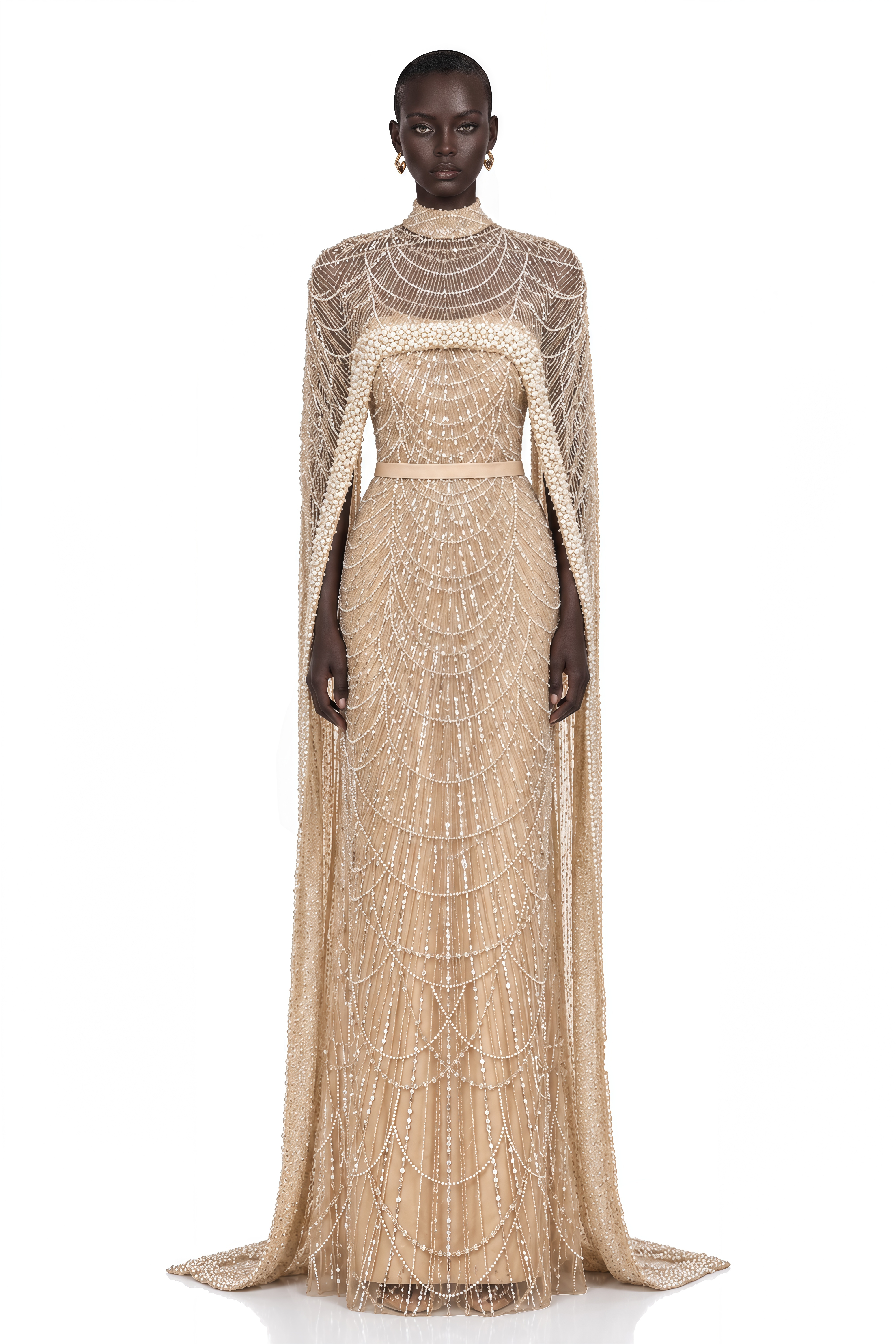 Frederica Champagne Beaded Cape & Gown Matching Set