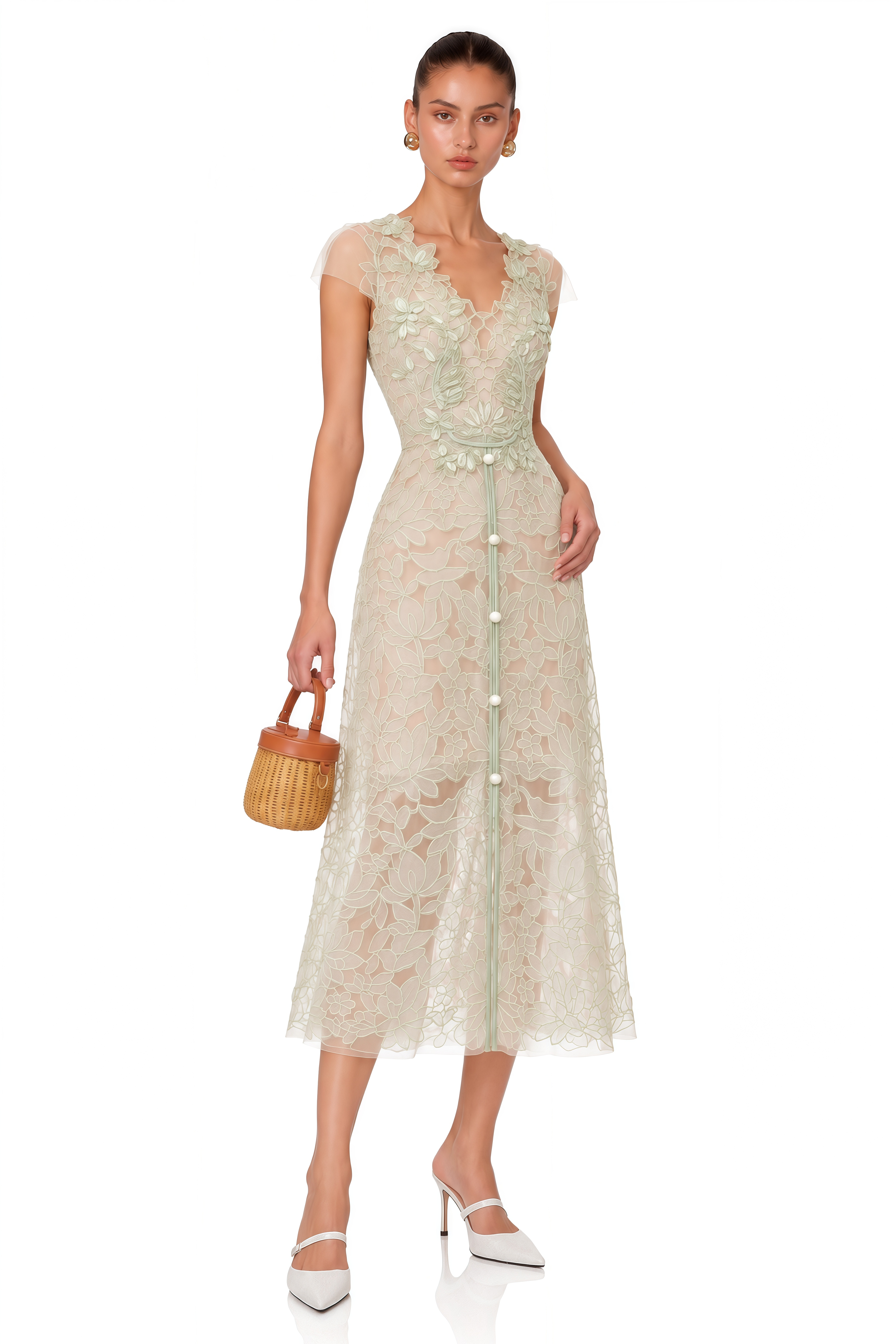 Linnea Green Floral Applique V-Neck Midi Dress