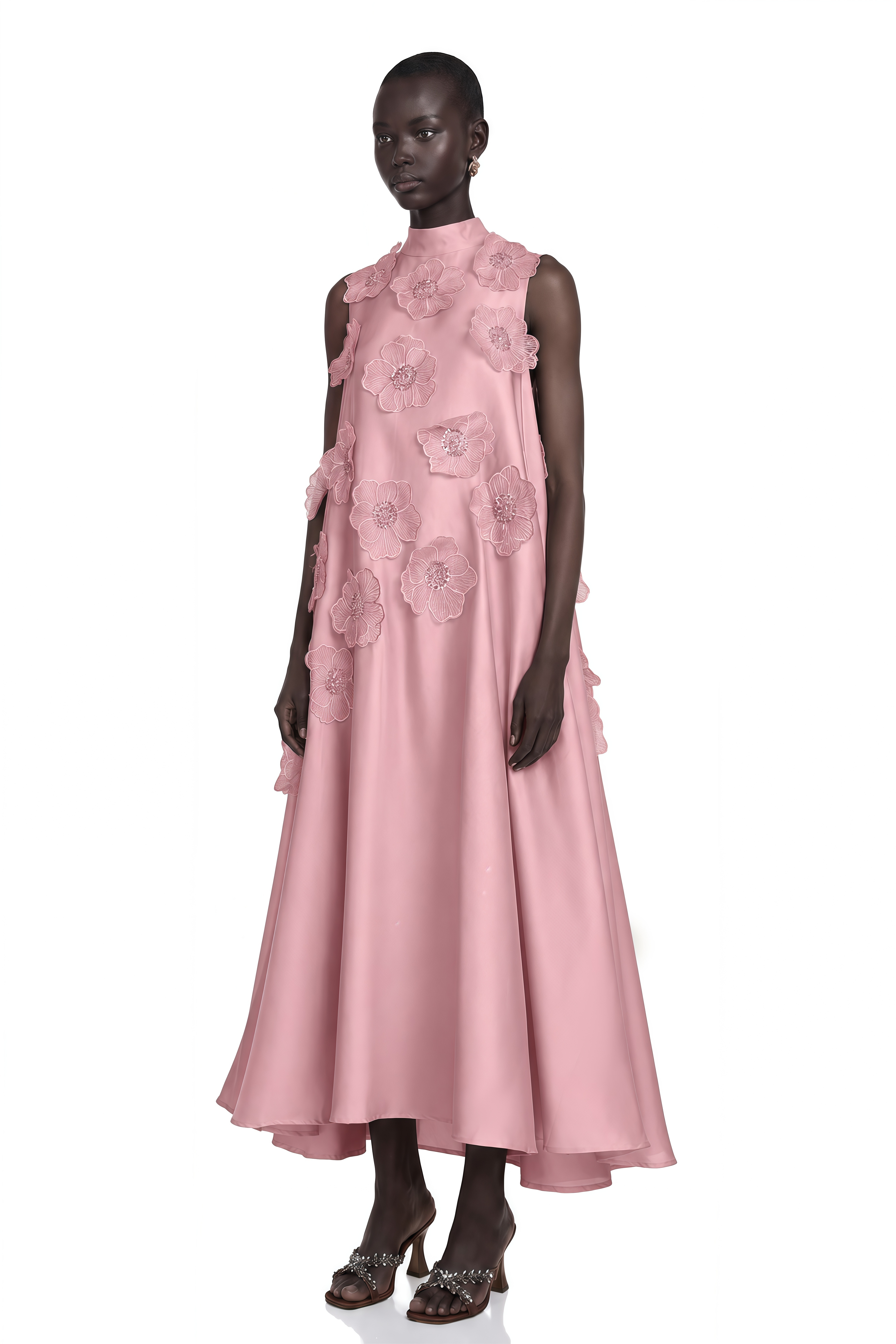 Émilie Sleeveless Floral-Applique Midi Dress in Pink