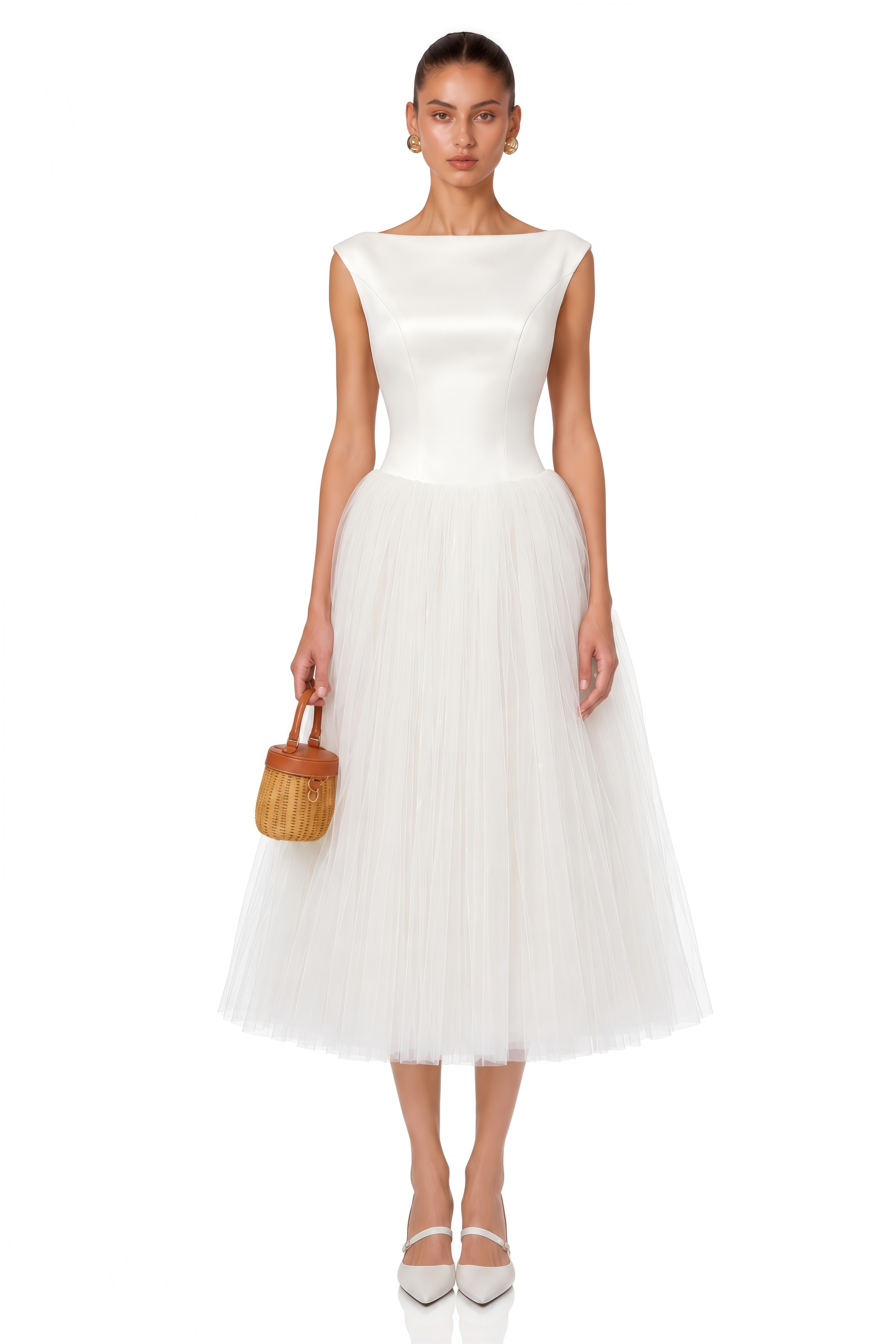 Salma White Pleated Flared Midi Dress