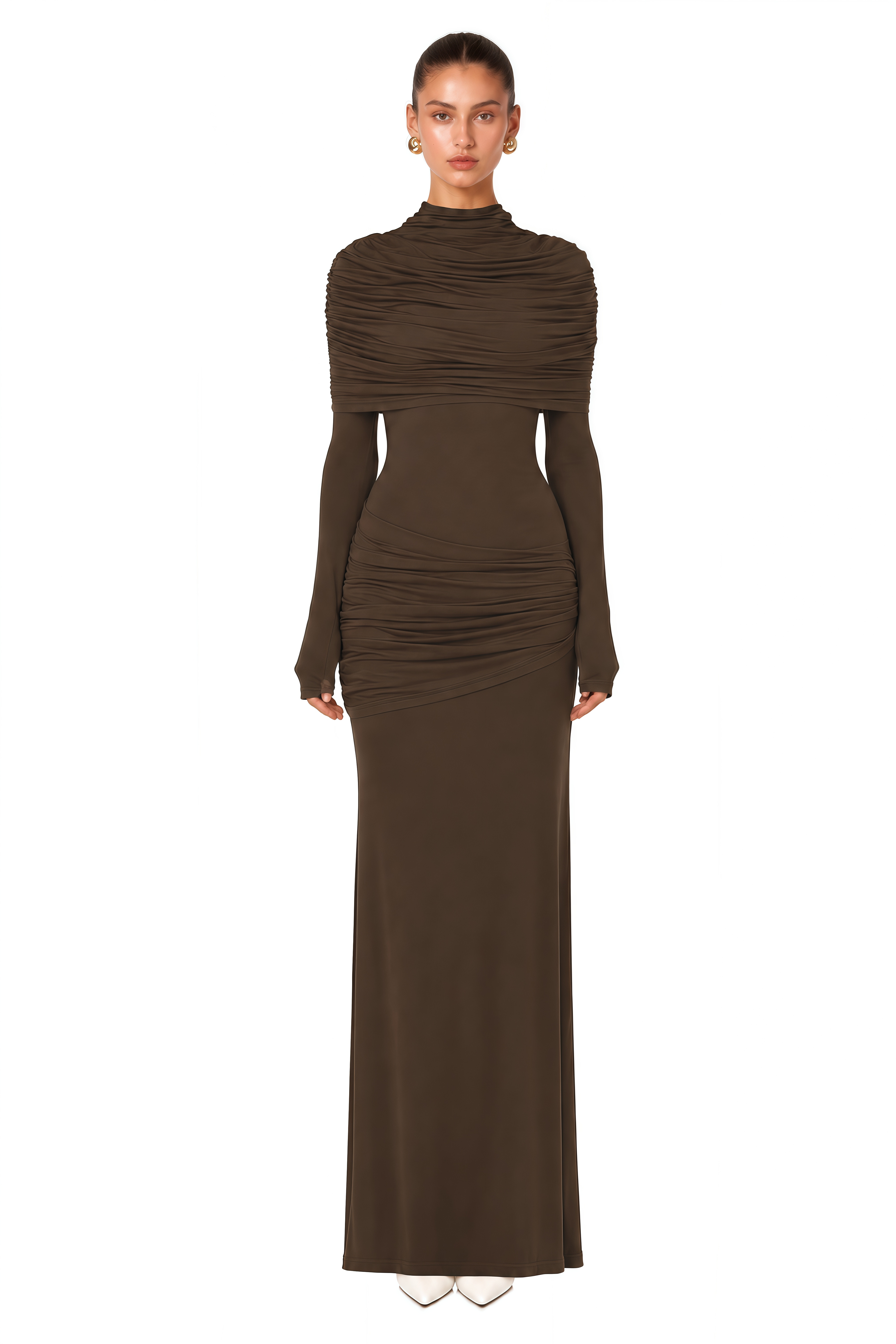 Éléna Brown Cape Design Ruched Maxi Dress