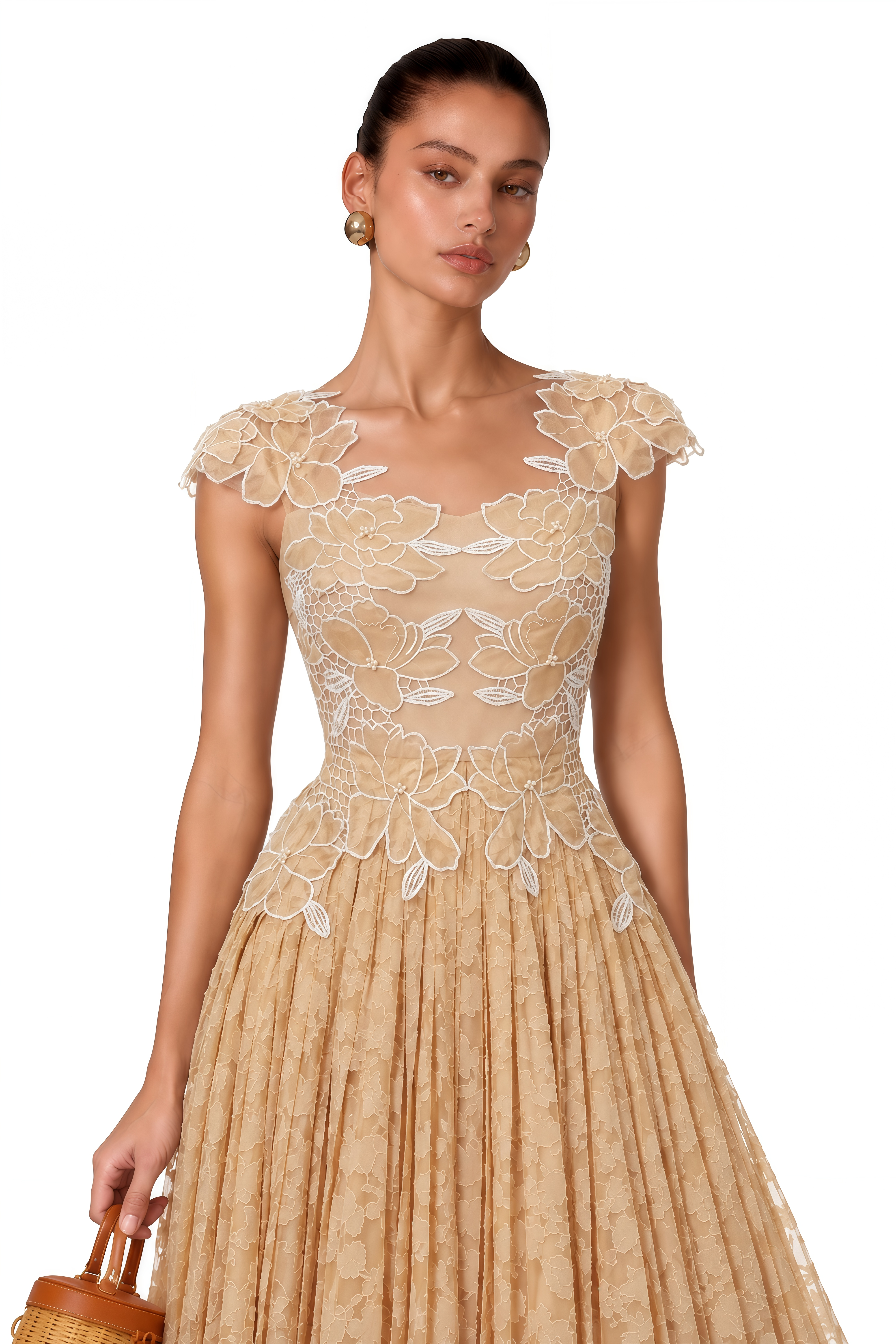 Vonda Neutral Floral Lace Pleated Midi Dress
