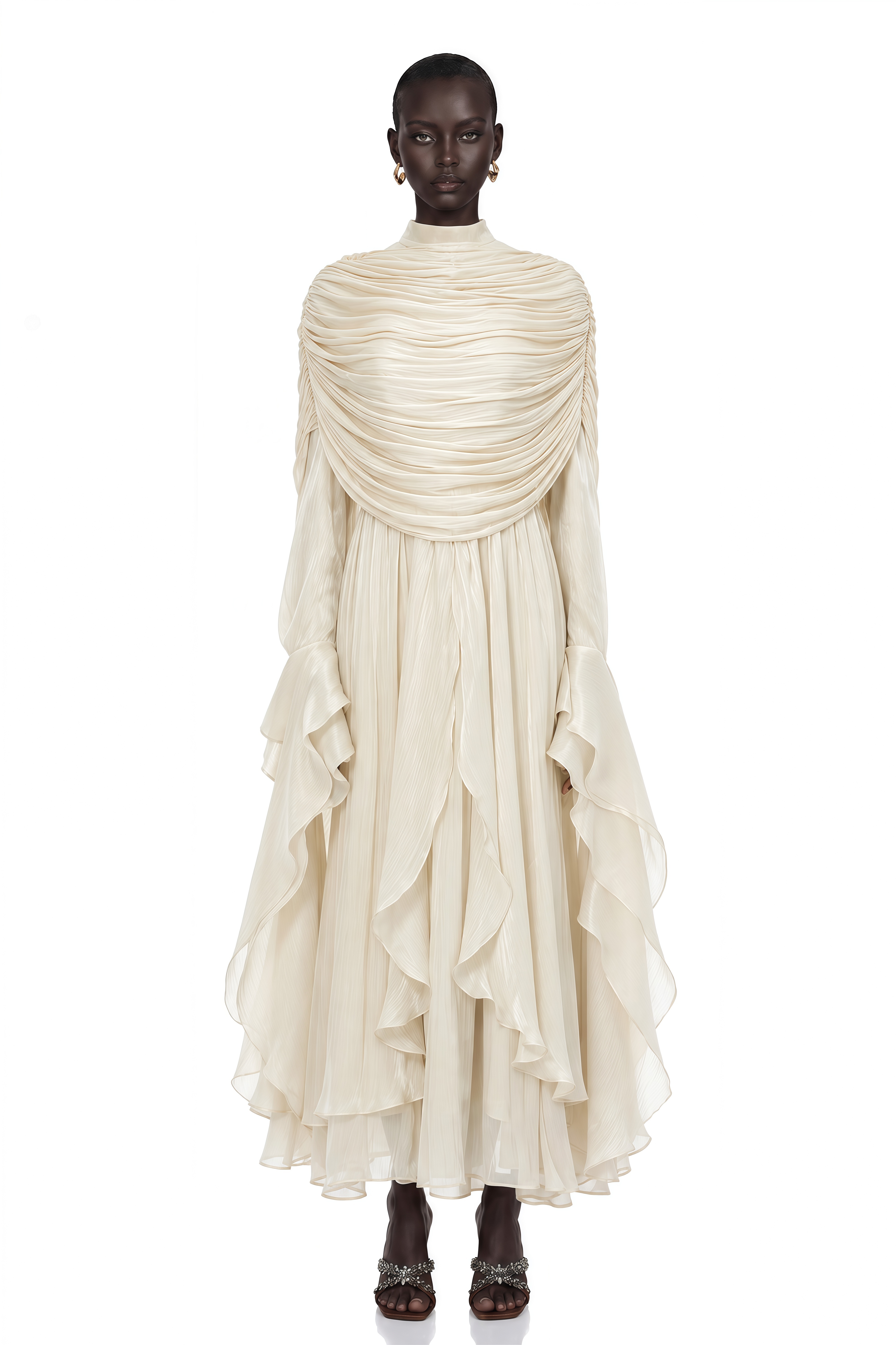 Gustave Neutral Ruched Cape Ruffled Maxi Dress