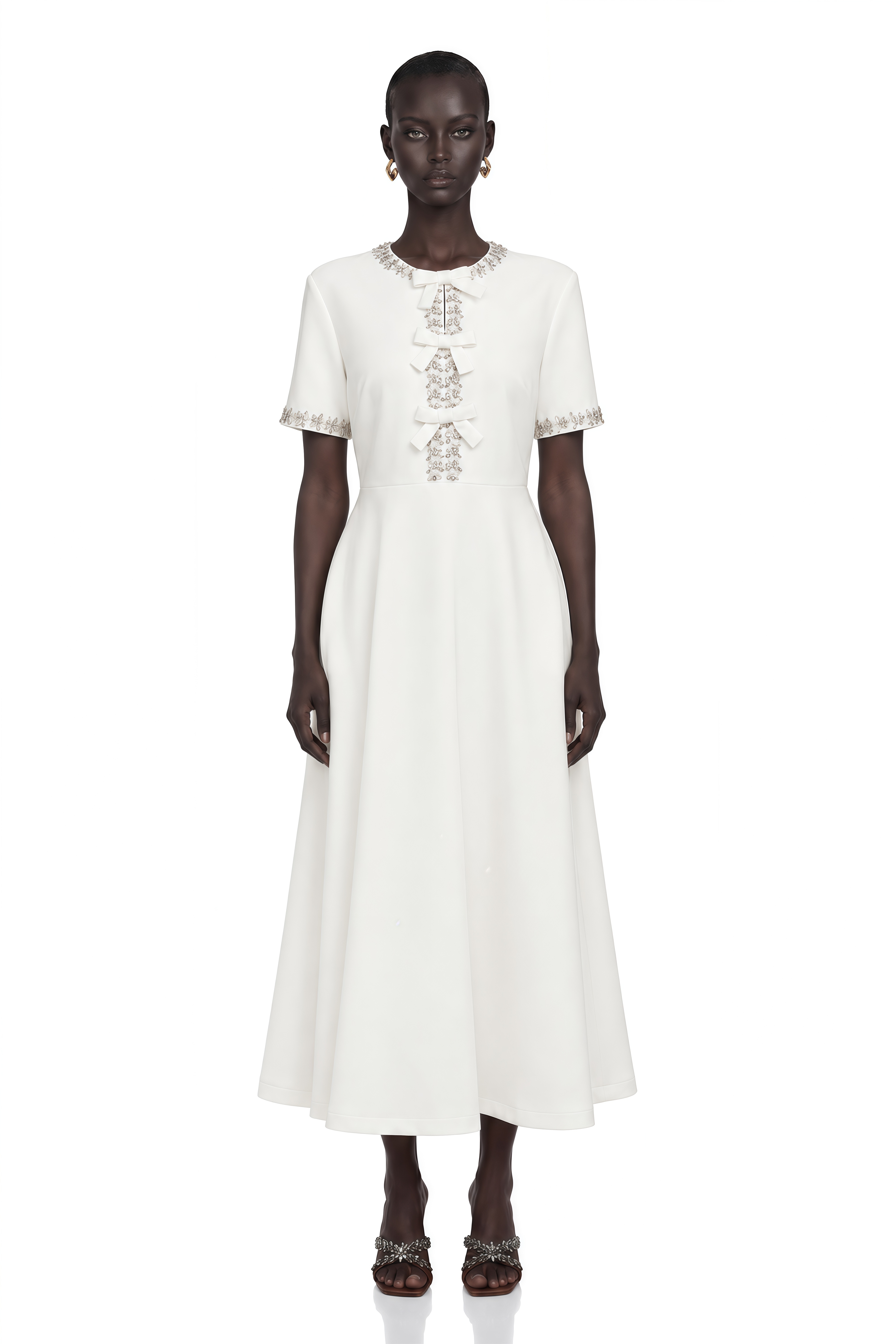 Cassiopeia Crystal-Accented Bow Midi Dress in White