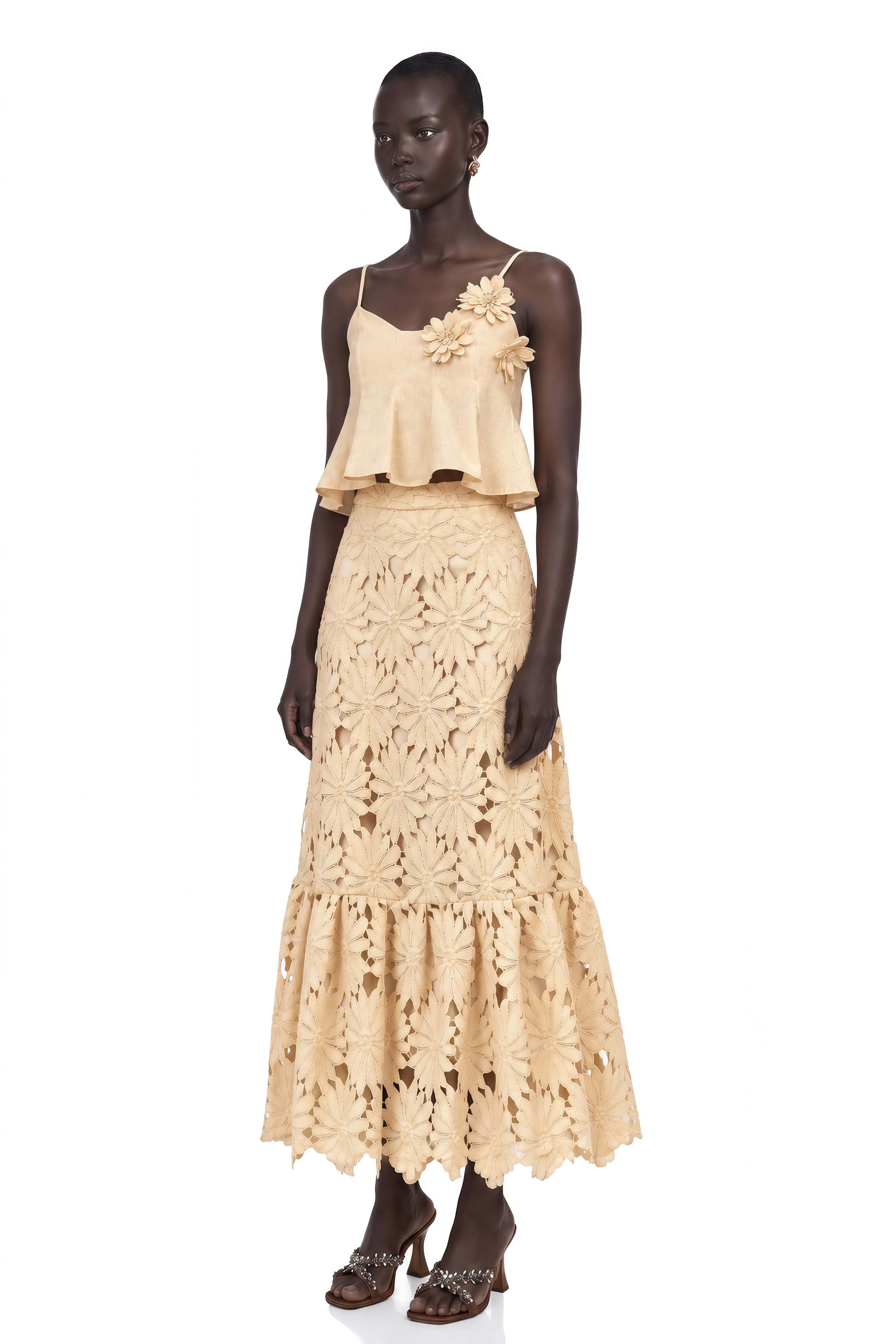 Céline Khaki Cut-Out Flared Top & Skirt Matching Set