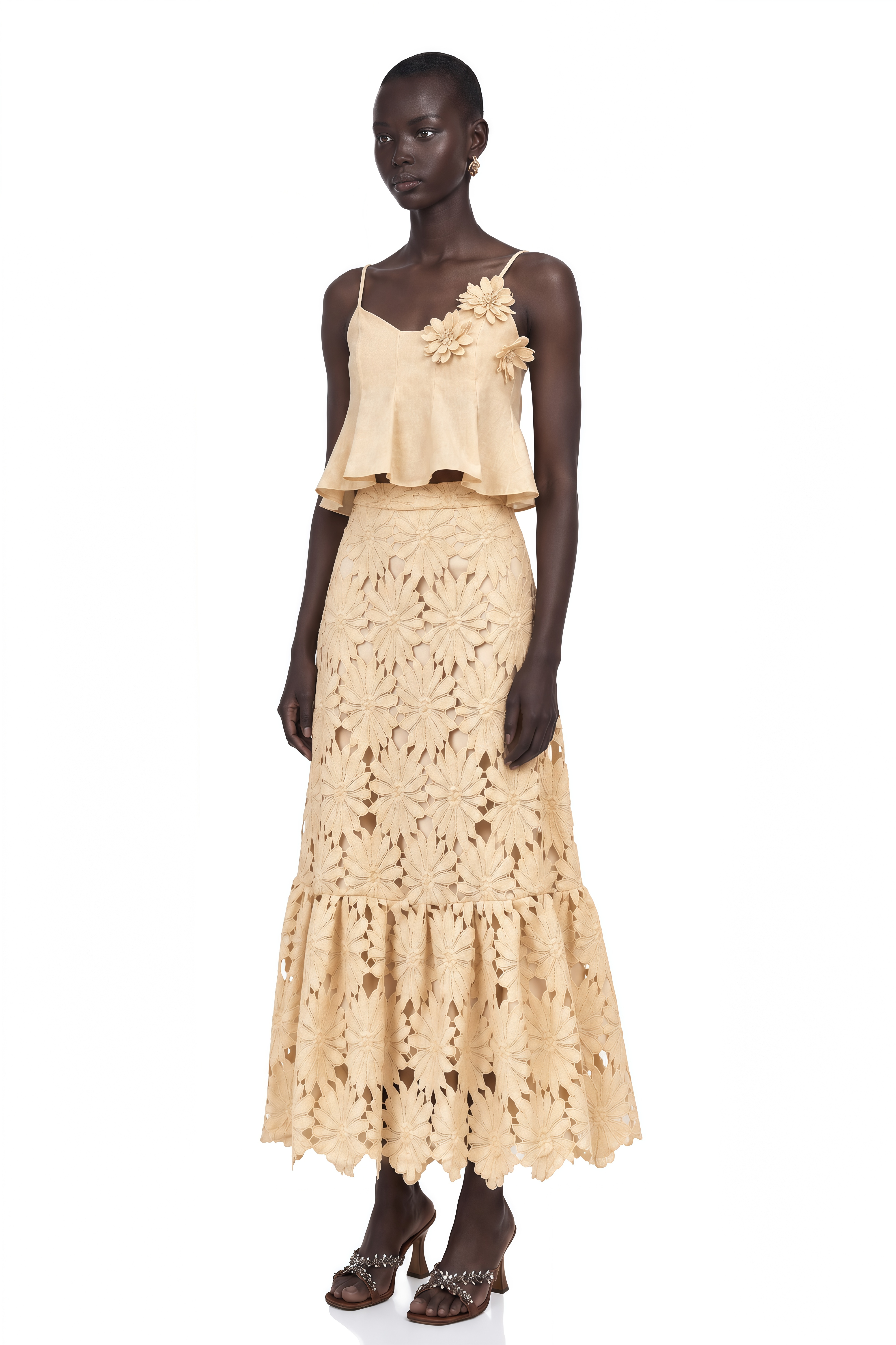 Céline Khaki Cut-Out Flared Top & Skirt Matching Set