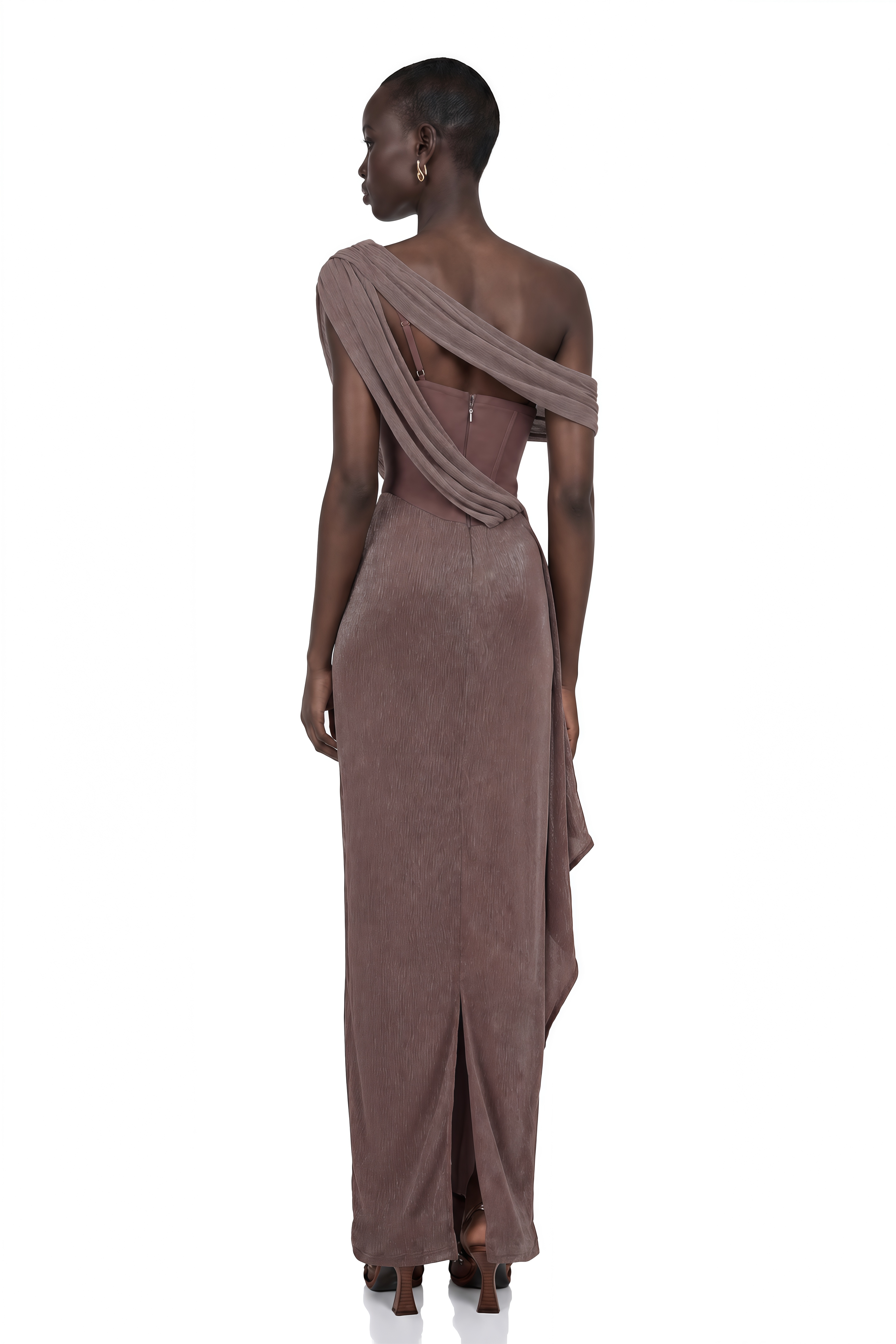 Delphine Ribbon-Design Corset Maxi Dress in Brown