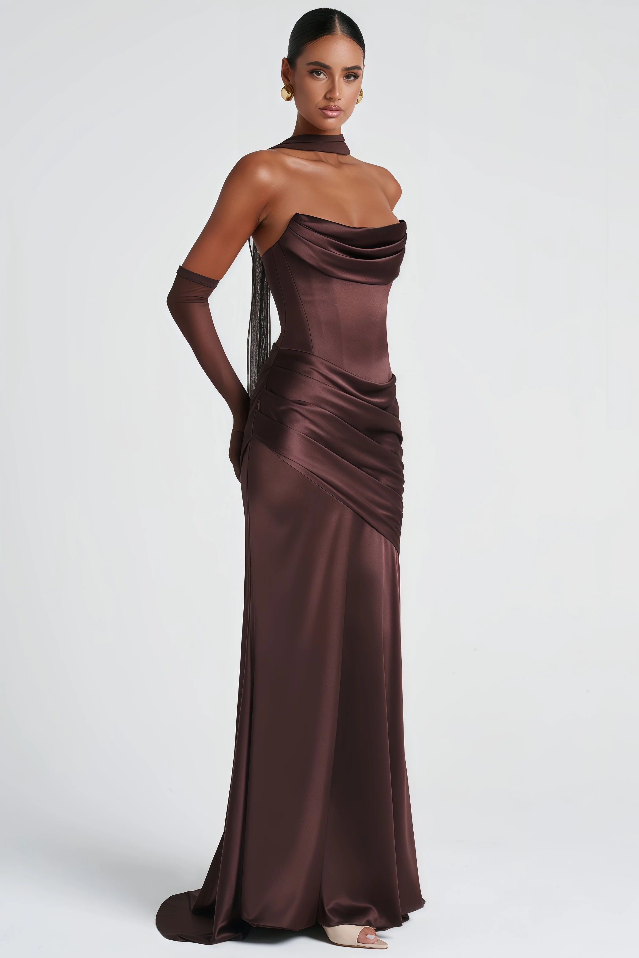 Strapless Ruched Satin Maxi Dress