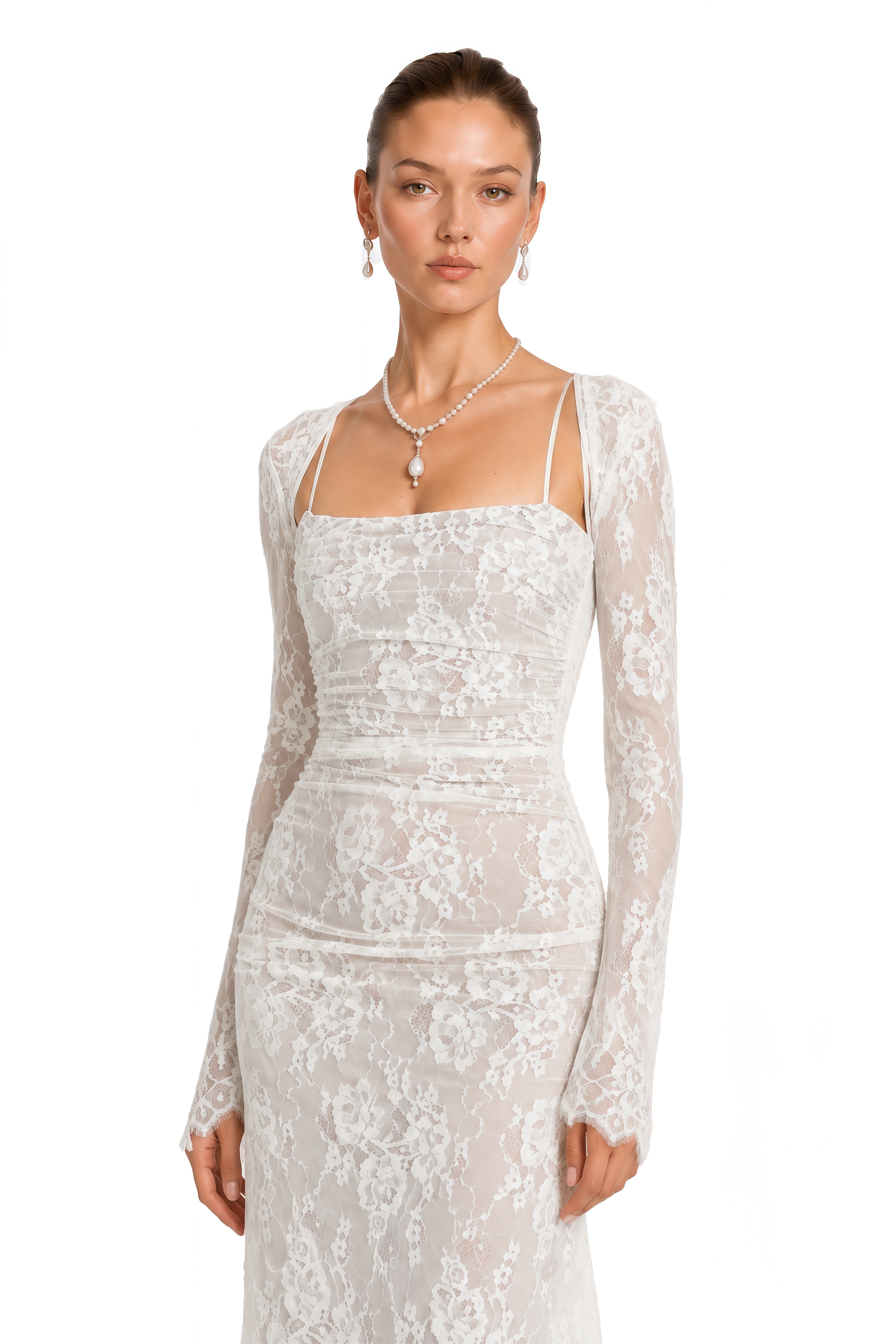 Valérie white floral lace mesh maxi dress