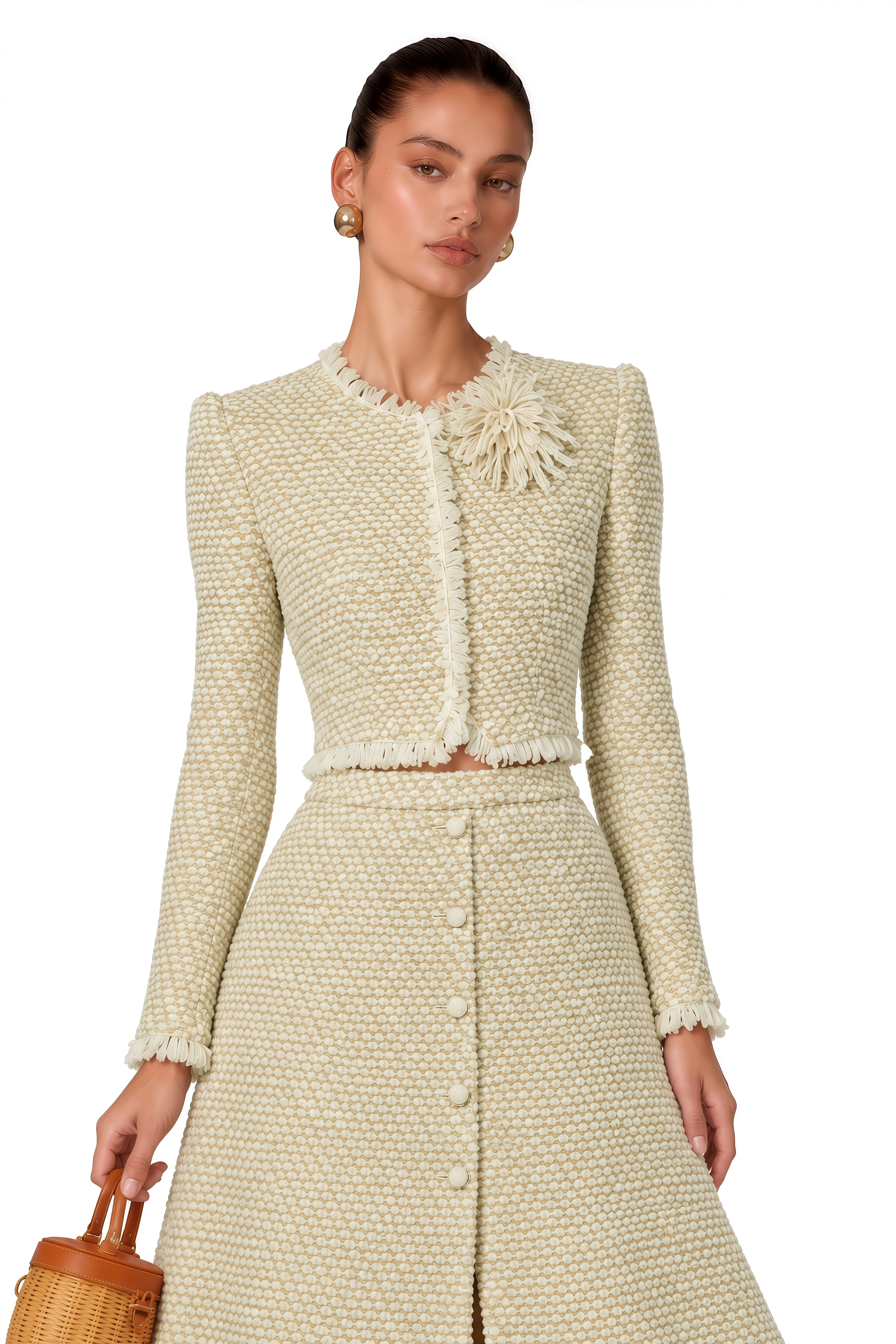 Briony Beige Tweed Jacket & Skirt Set with Fringe