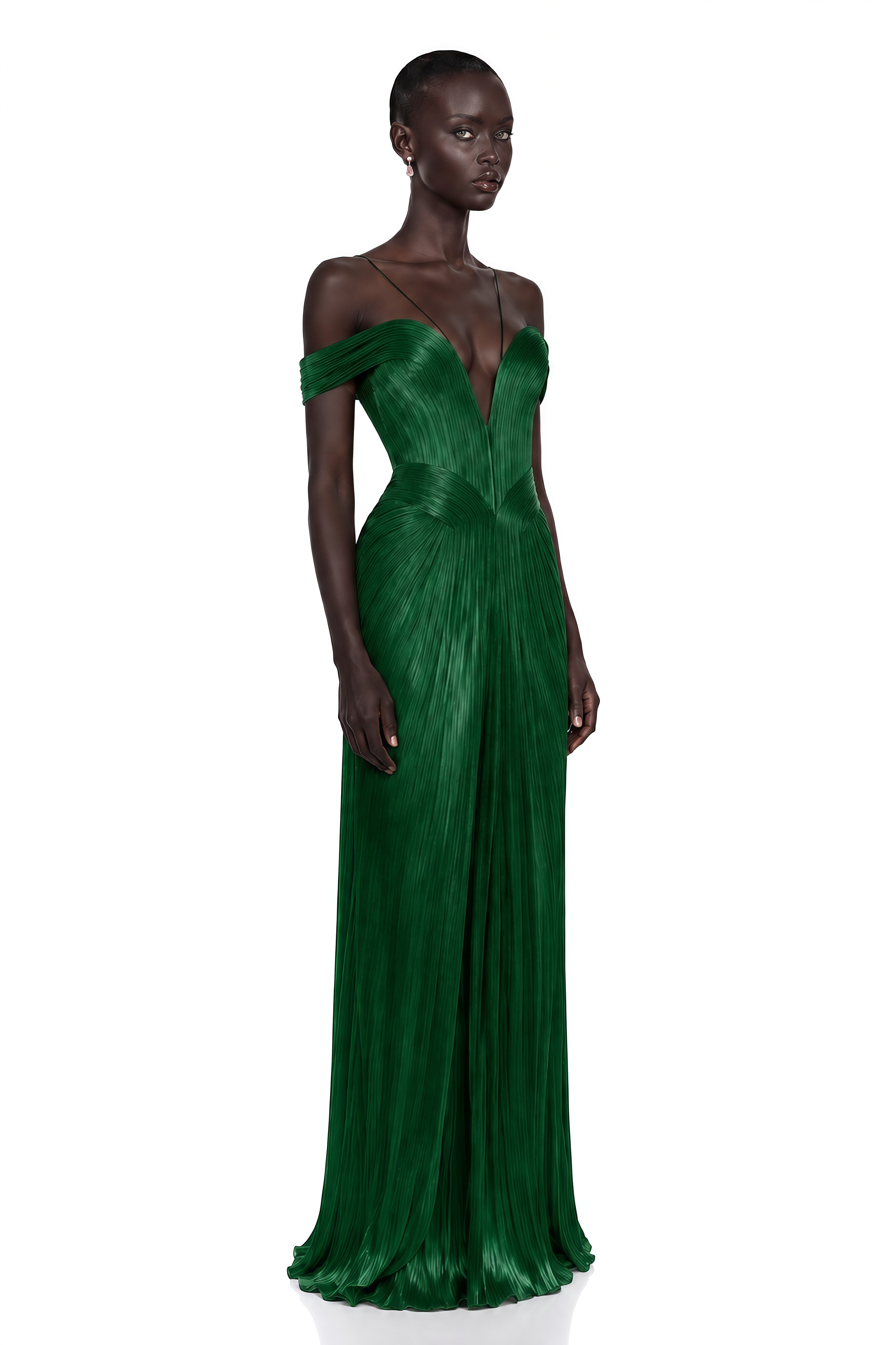 Marise Green Draped Pleated Maxi Dress