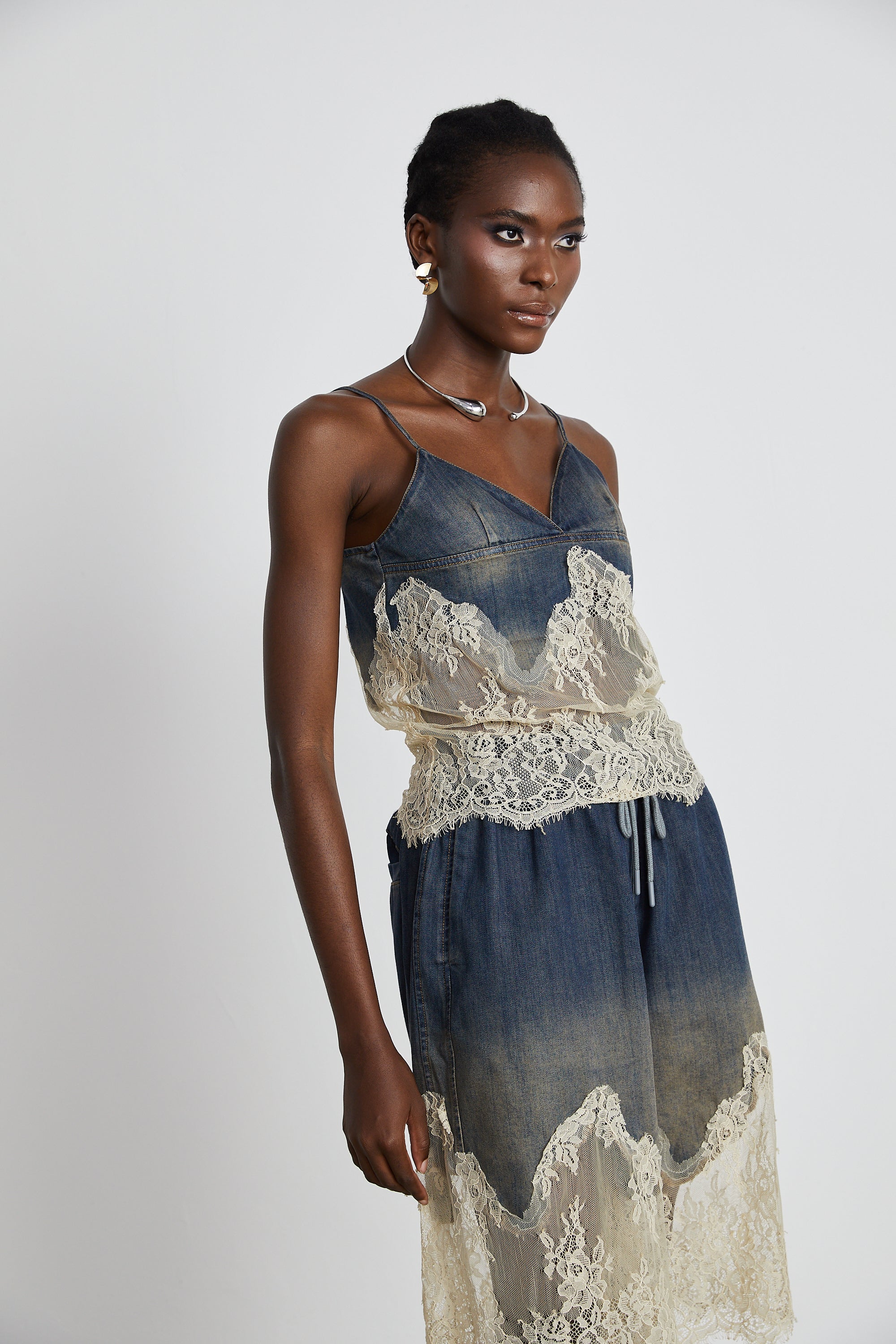 Sylvie Lace-Detail Denim Top & Shorts Matching Set – Miss Rosier