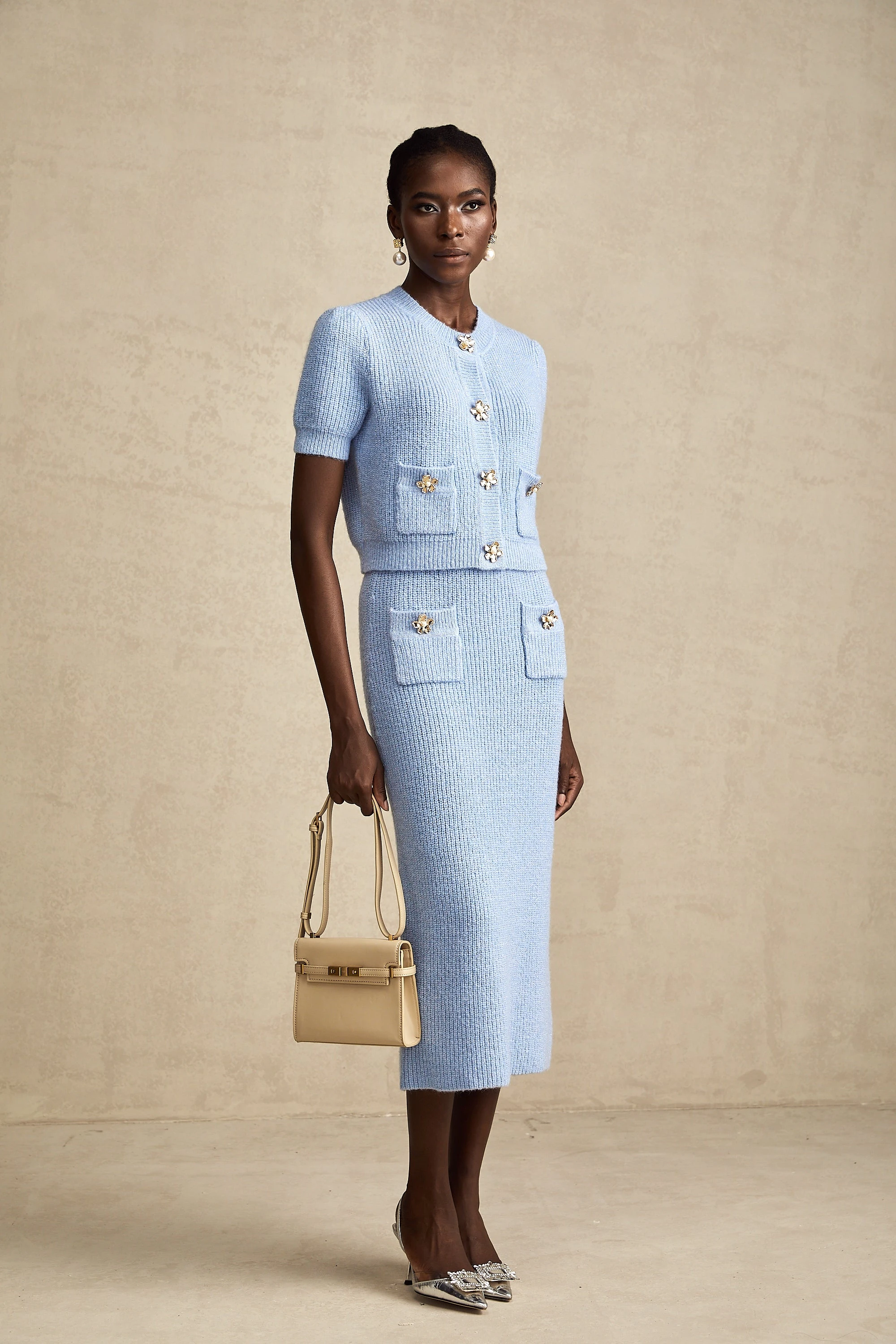 Chantal Blue Knit Two-Piece Blouse and Skirt Set (Final Sale-US Only)