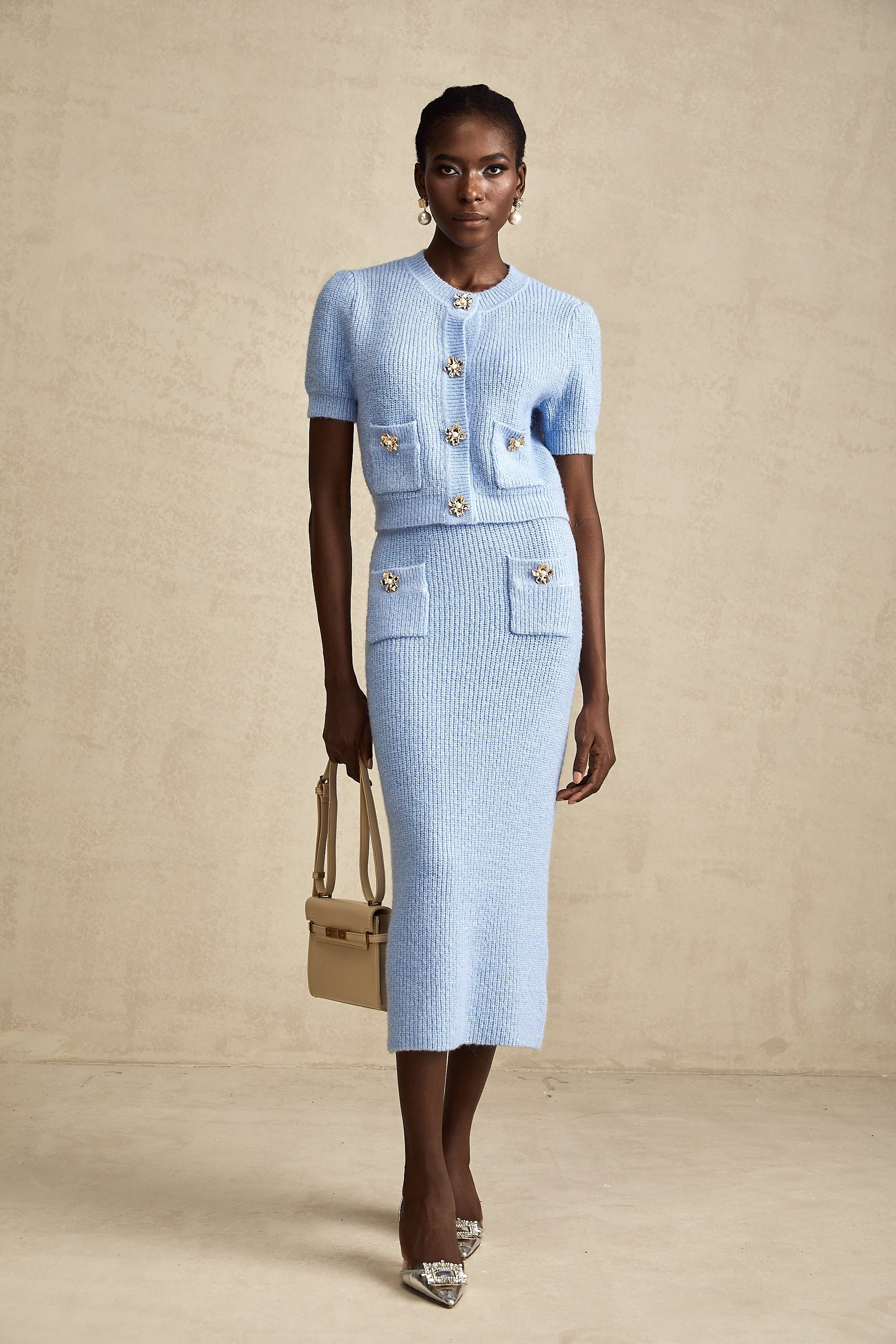 Chantal Blue Knit Two-Piece Blouse and Skirt Set (Final Sale-US Only)