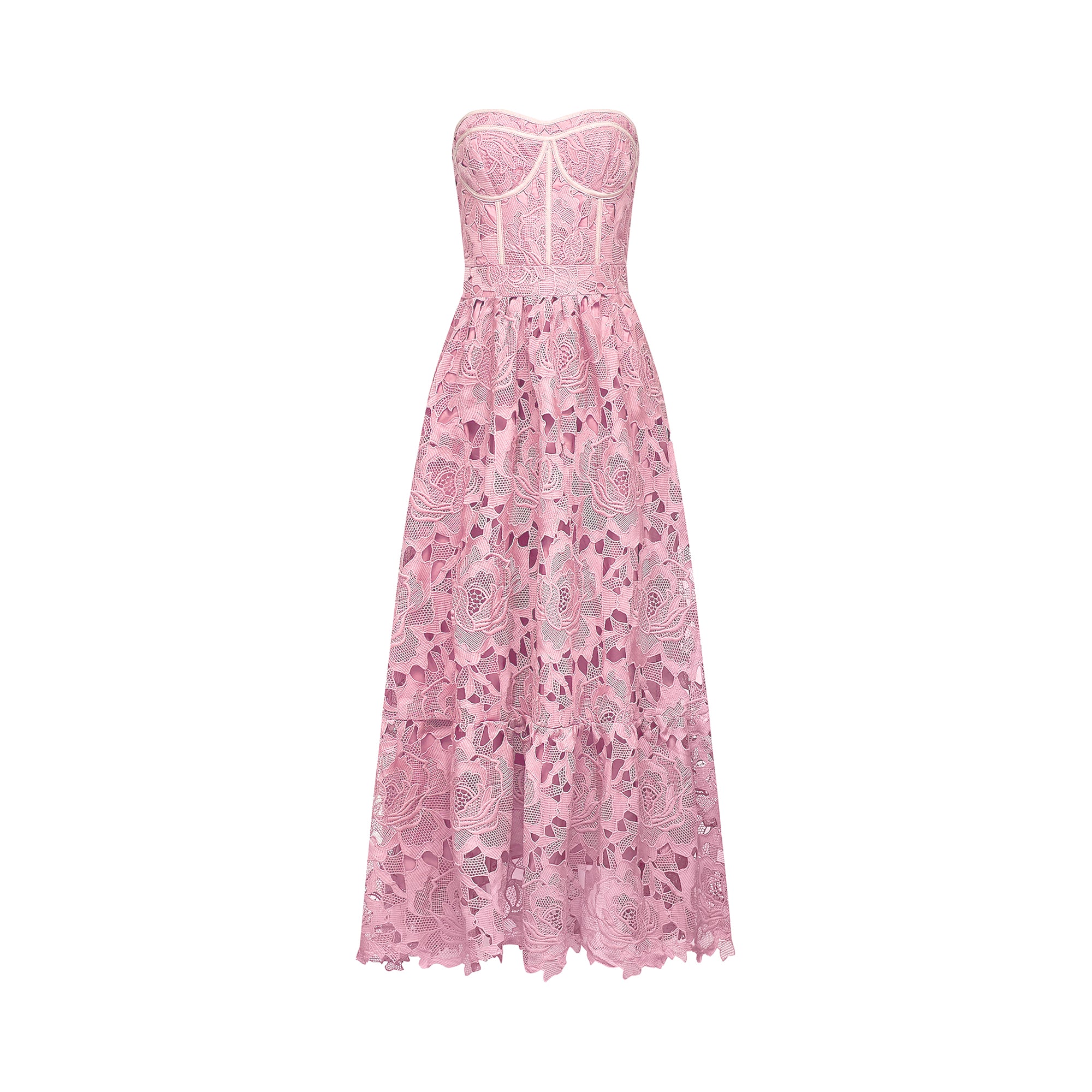Inès Lace Floral Embroidered Cut-Out Midi Dress in Pink