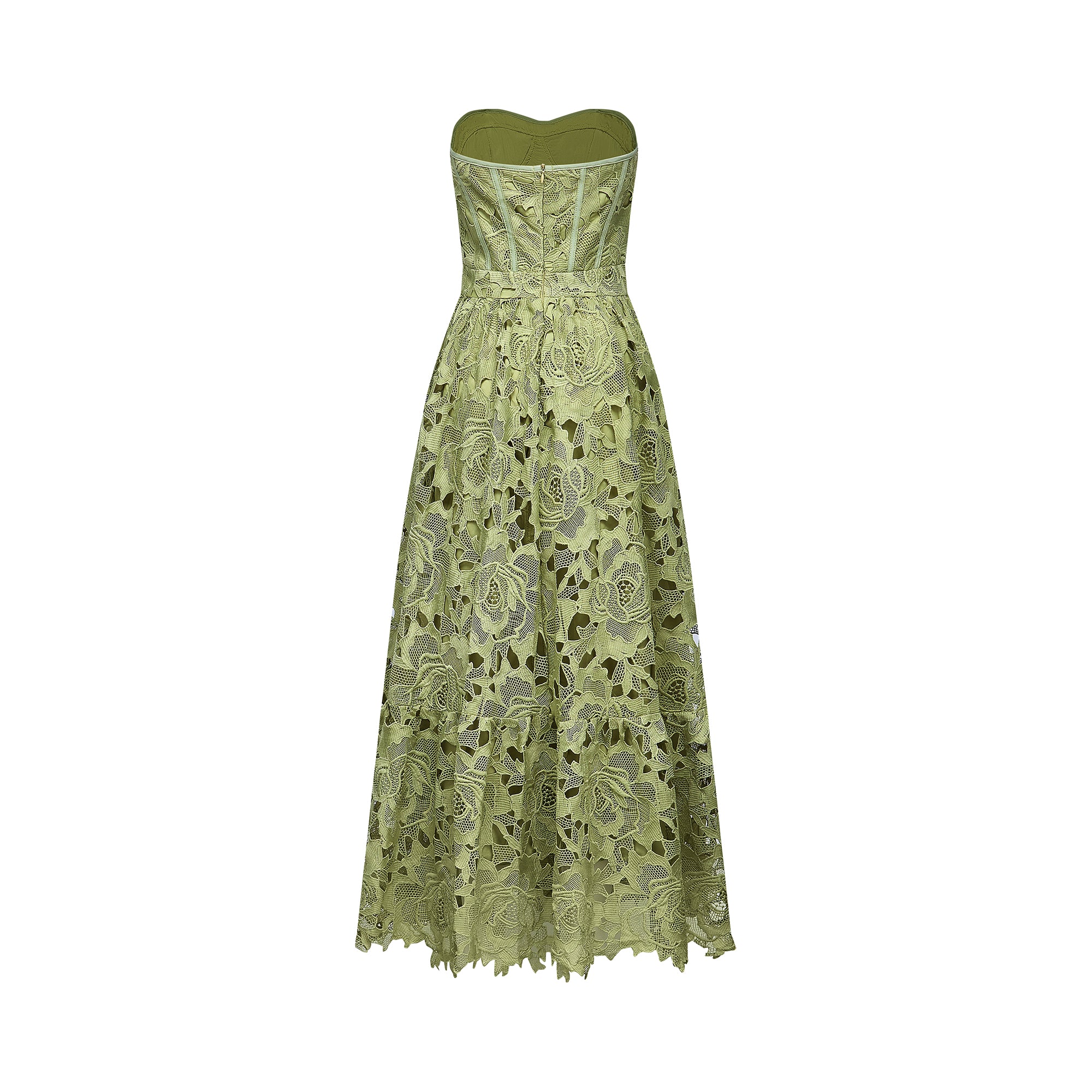 Inès Lace Floral Embroidered Cut-Out Midi Dress in Green