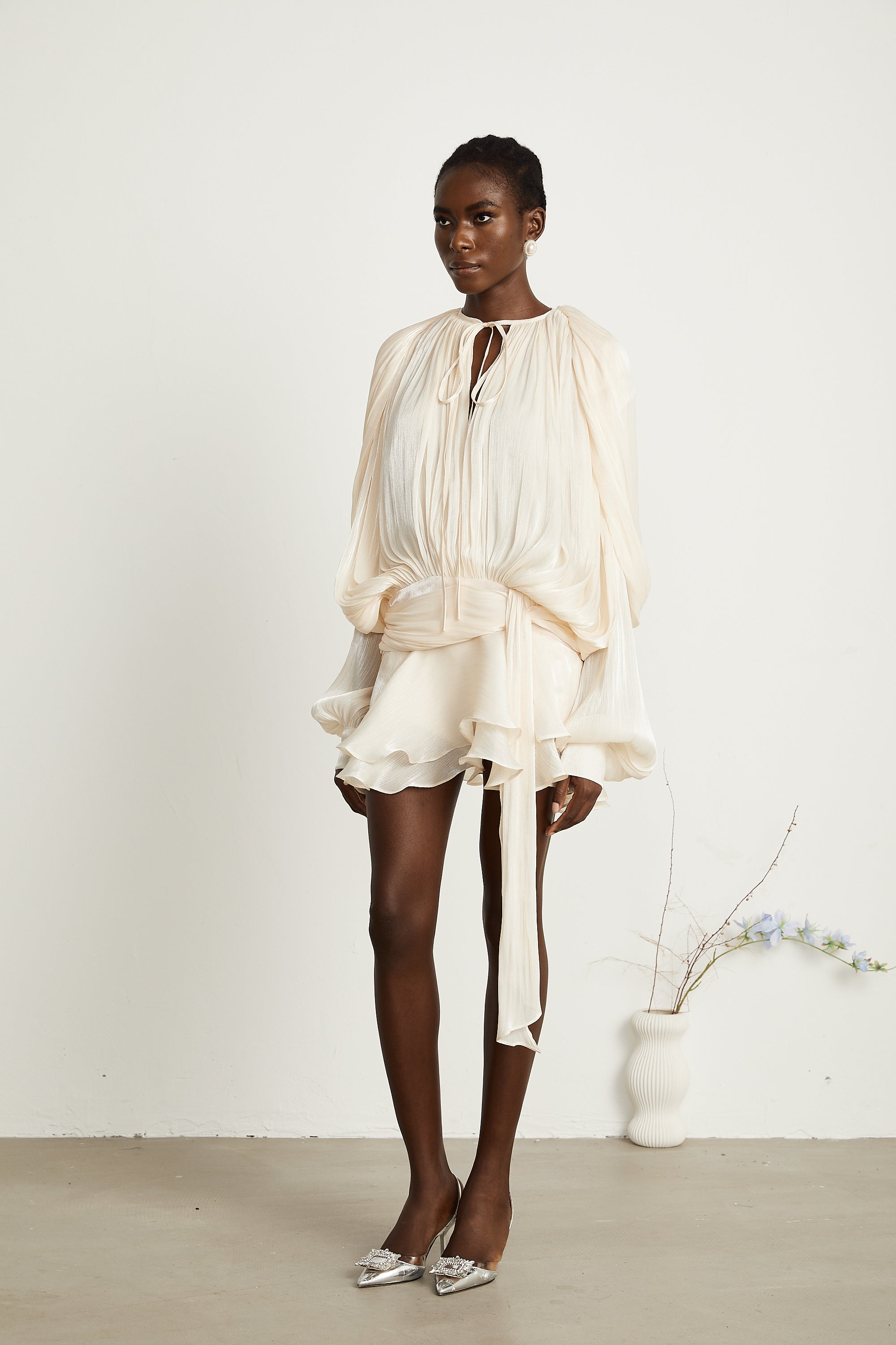 Eugénie Neutral Fully Pleated Ruffled Mini Dress – Miss Rosier