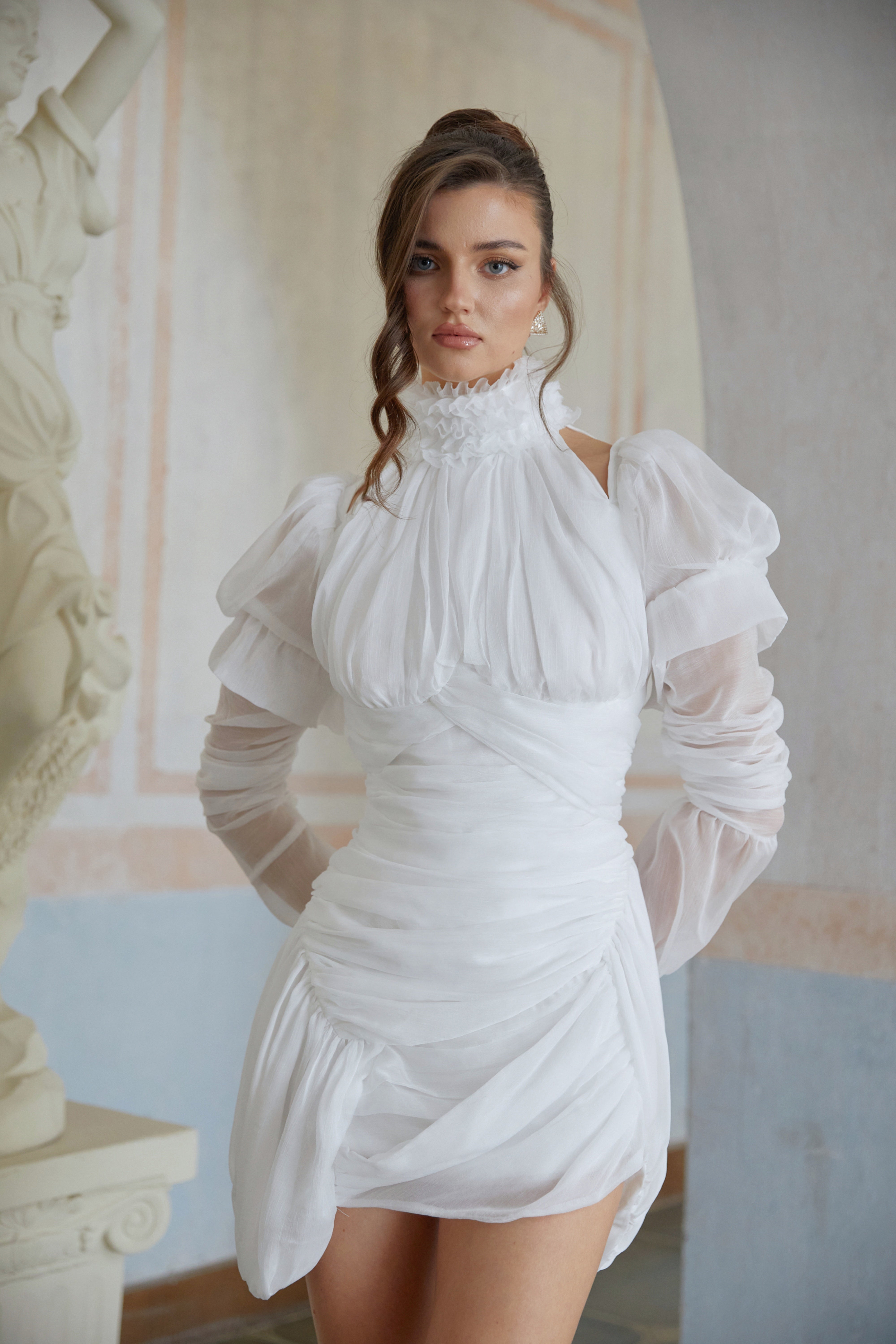 Déotille White Asymmetrical Ruched Mini Dress – Miss Rosier