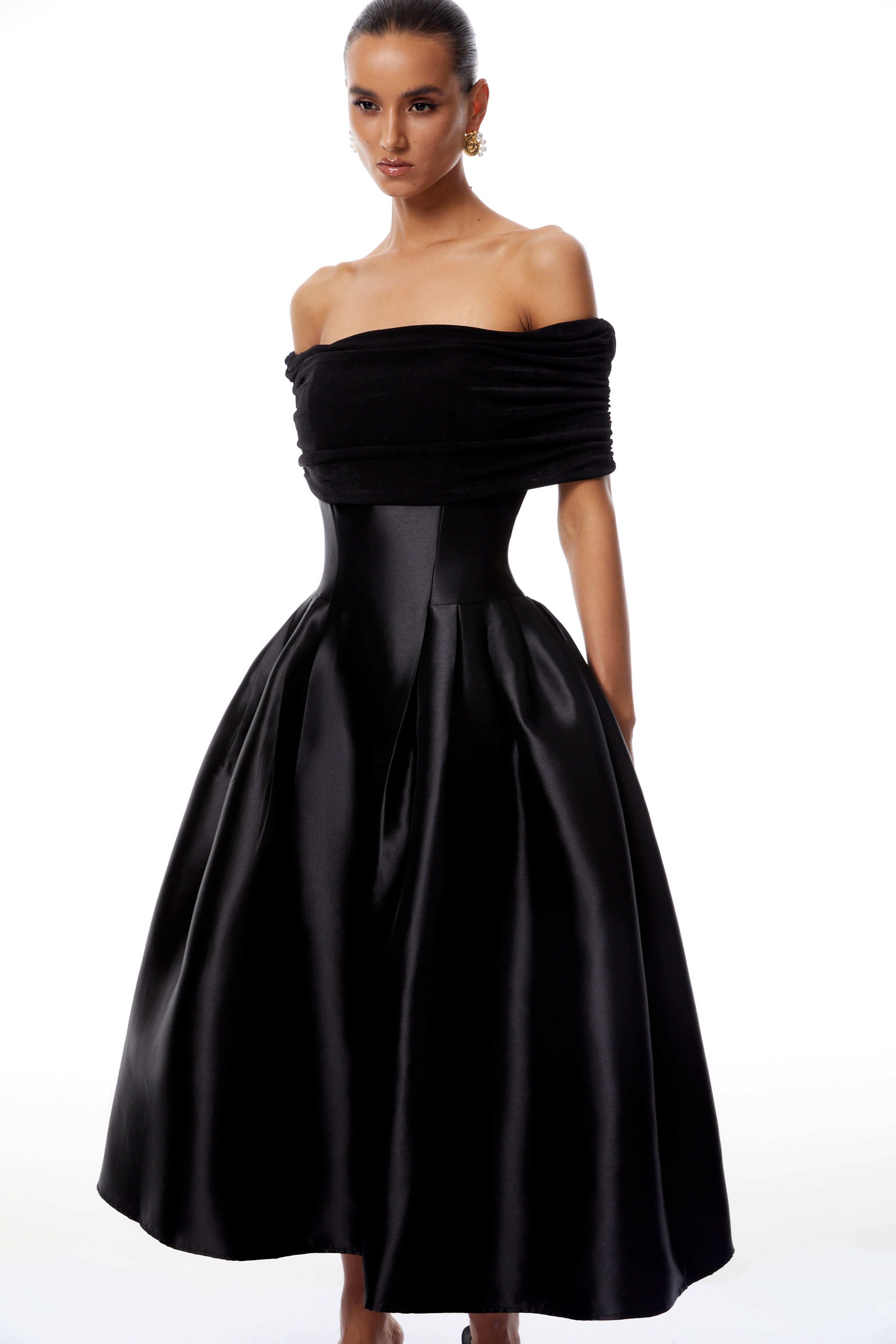 Black Off Shoulder Polished Midi Dress